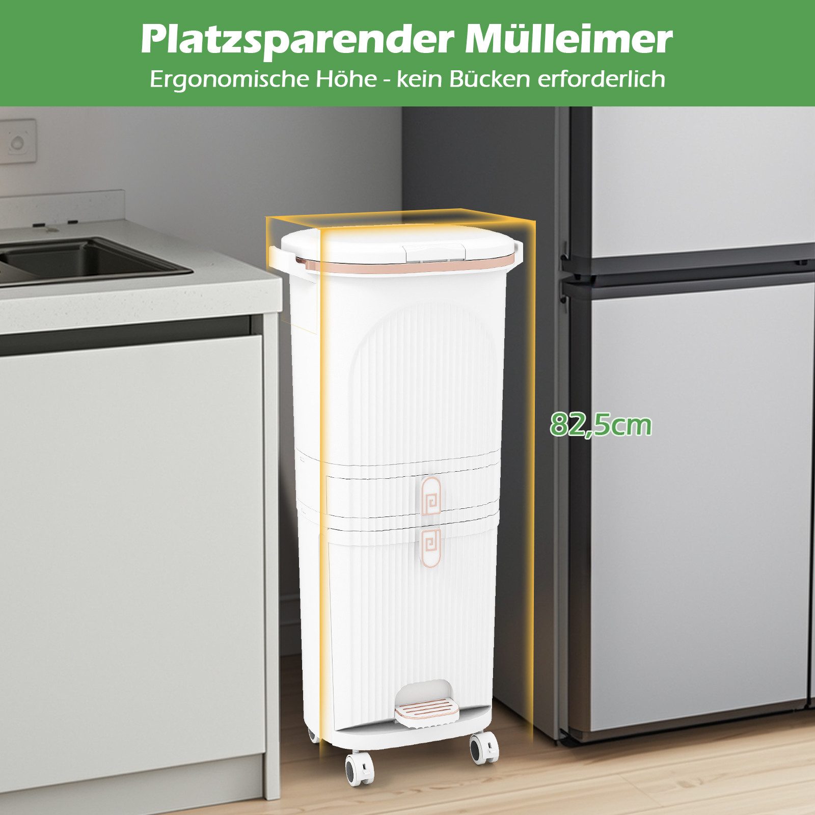 COSTWAY Mülleimer, Küche, Mülltrennsystem 3 Fächer, Schublade mit Rollen, Mülltonne