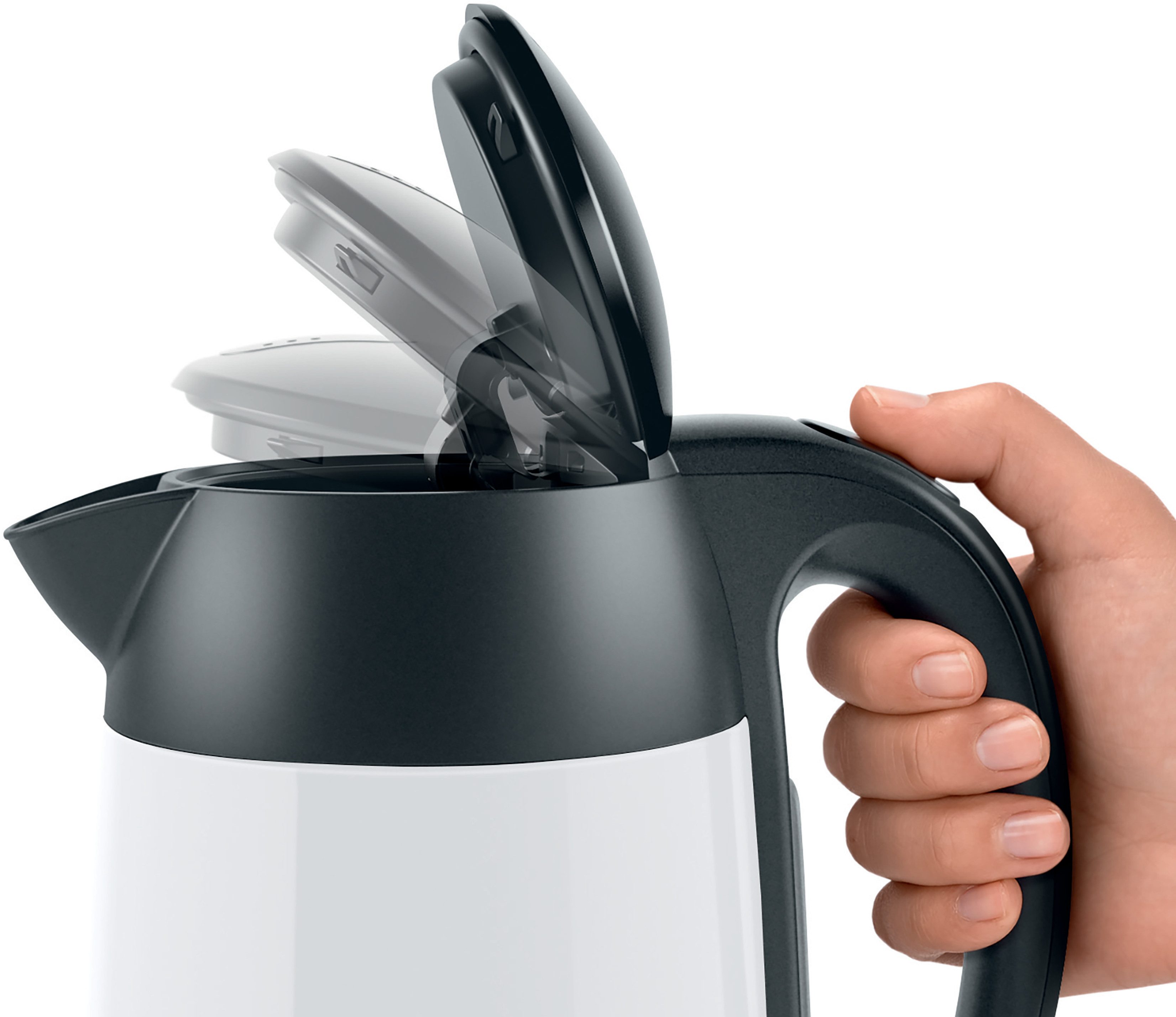 BOSCH Wasserkocher DesignLine TWK3P421, Ausgießen ohne Spritzer, Tassenanzeige, 1,7 l, 2400 W, Überhitzungsschutz, Weiß