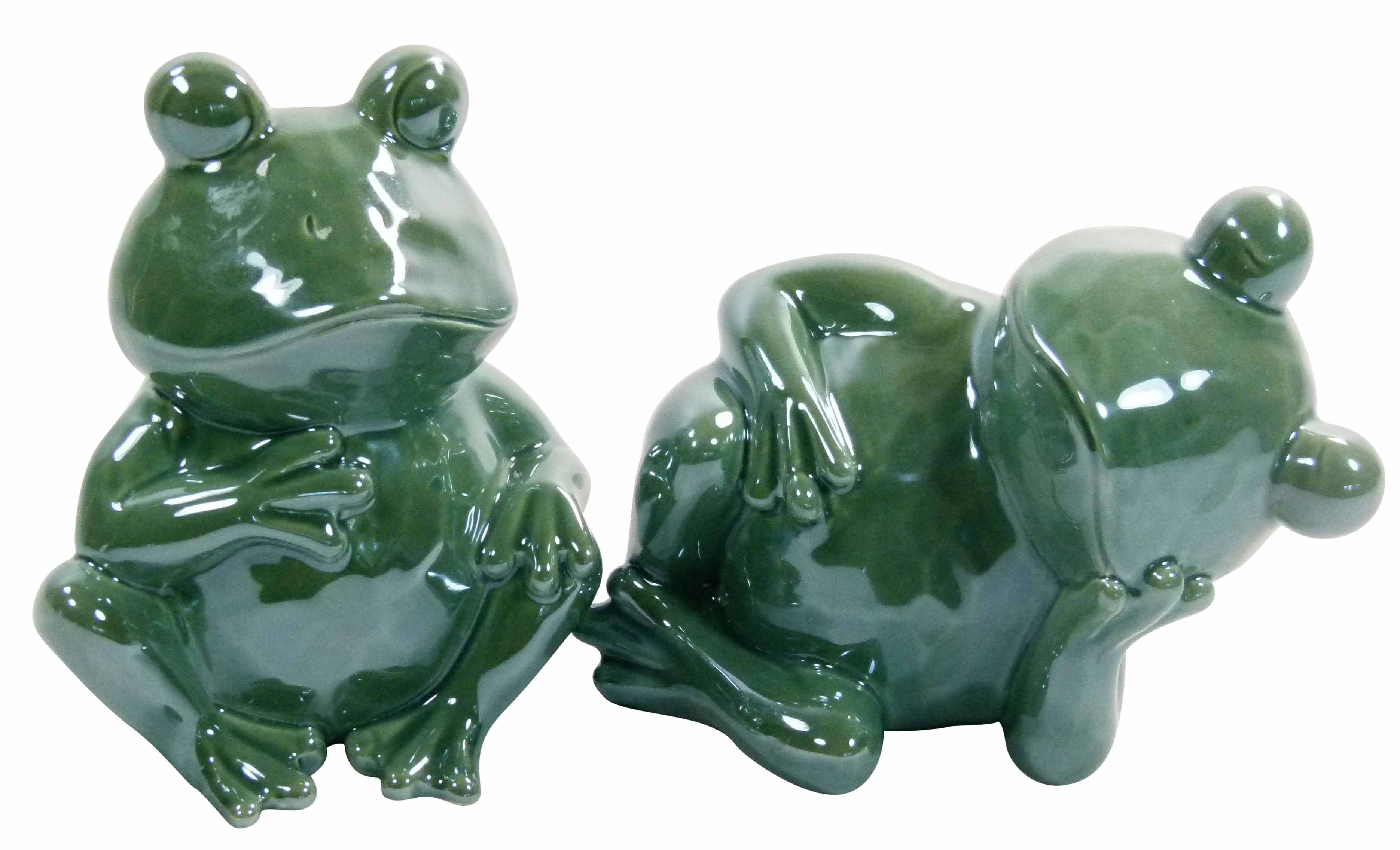 GlasArt Dekoobjekt 2er Set Dekofigur Frosch Gartenfigur Keramik 14,5x12,5 cm Jadegrün