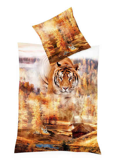 Bettwäsche Tiger Raubkatze Wald Kaeppel, JACK, Mako-Satin, 2 teilig, hochwertiger Digitaldruck mit einem eleganten Tigermotiv, Baumwolle