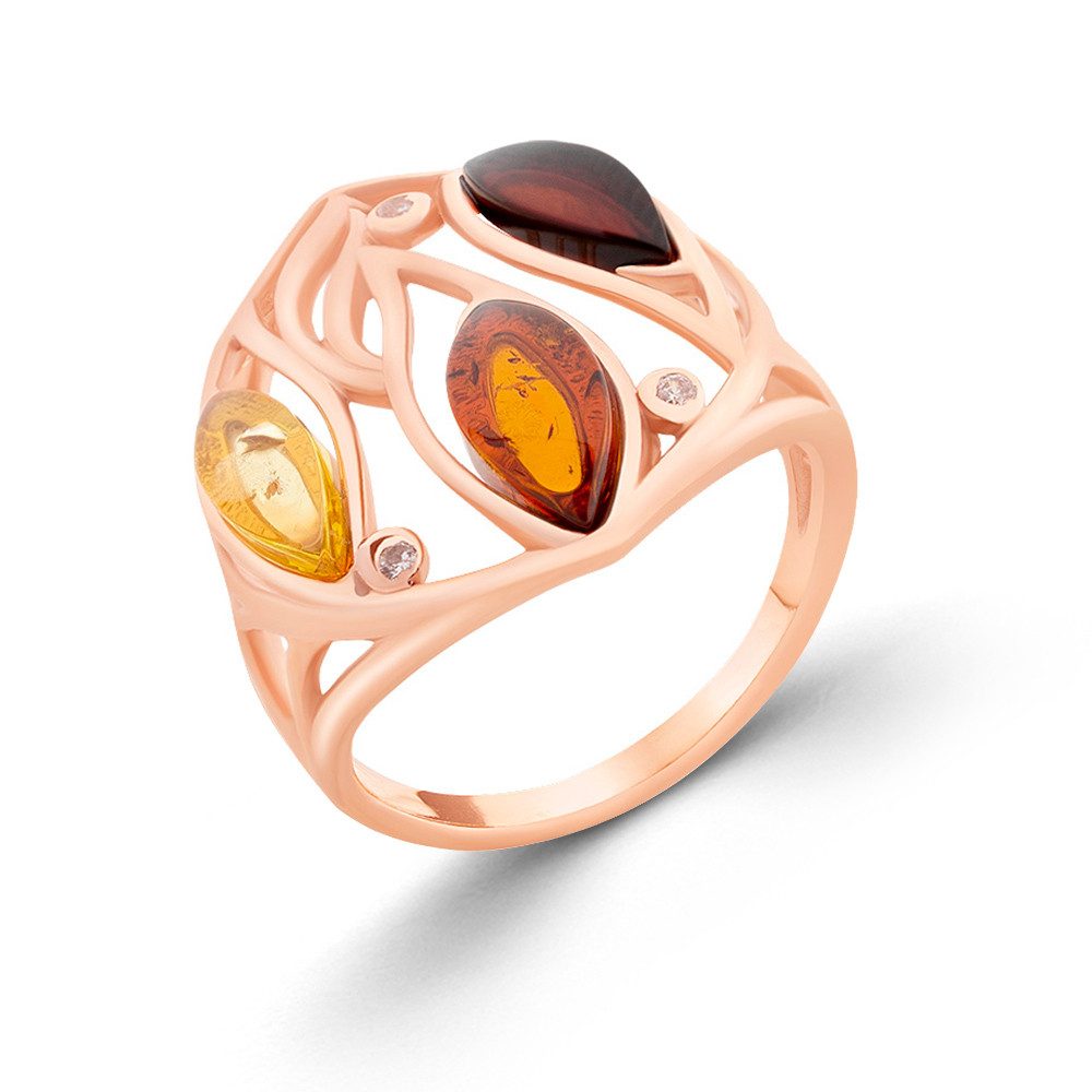 S&A Jewellery Design Silberring Damenring rosévergoldet aus 925 Silber (Set, 1-tlg., mit Zirkonia sowie Kirsch-, Cognac- und Zitronenbernstein), Sterling Silber Silberschmuck für Damen