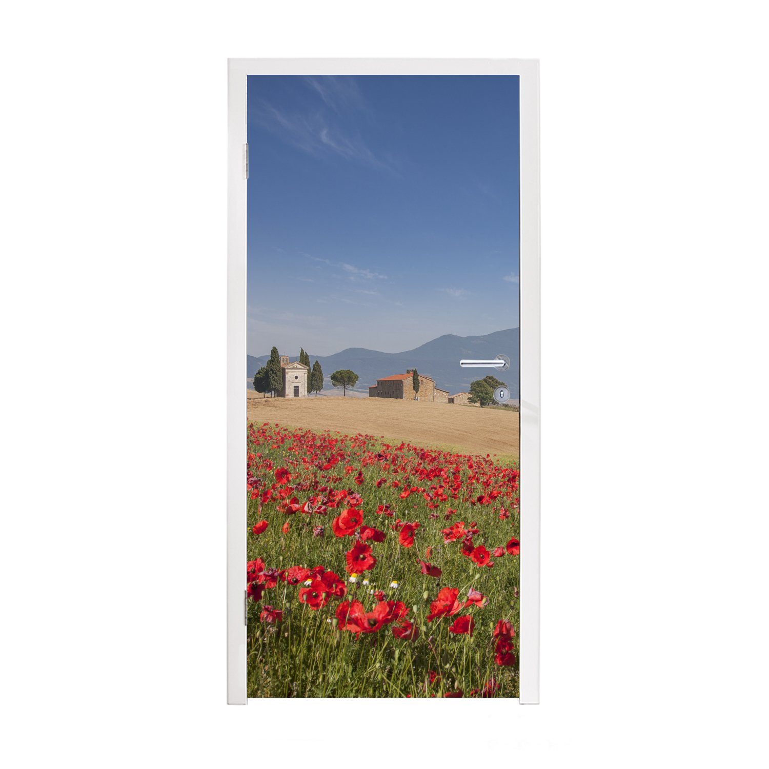 MuchoWow Türtapete Blumenwiese - Rosen - Häuser, Matt, bedruckt, (1 St), Fototapete für Tür, Türaufkleber, 75x205 cm