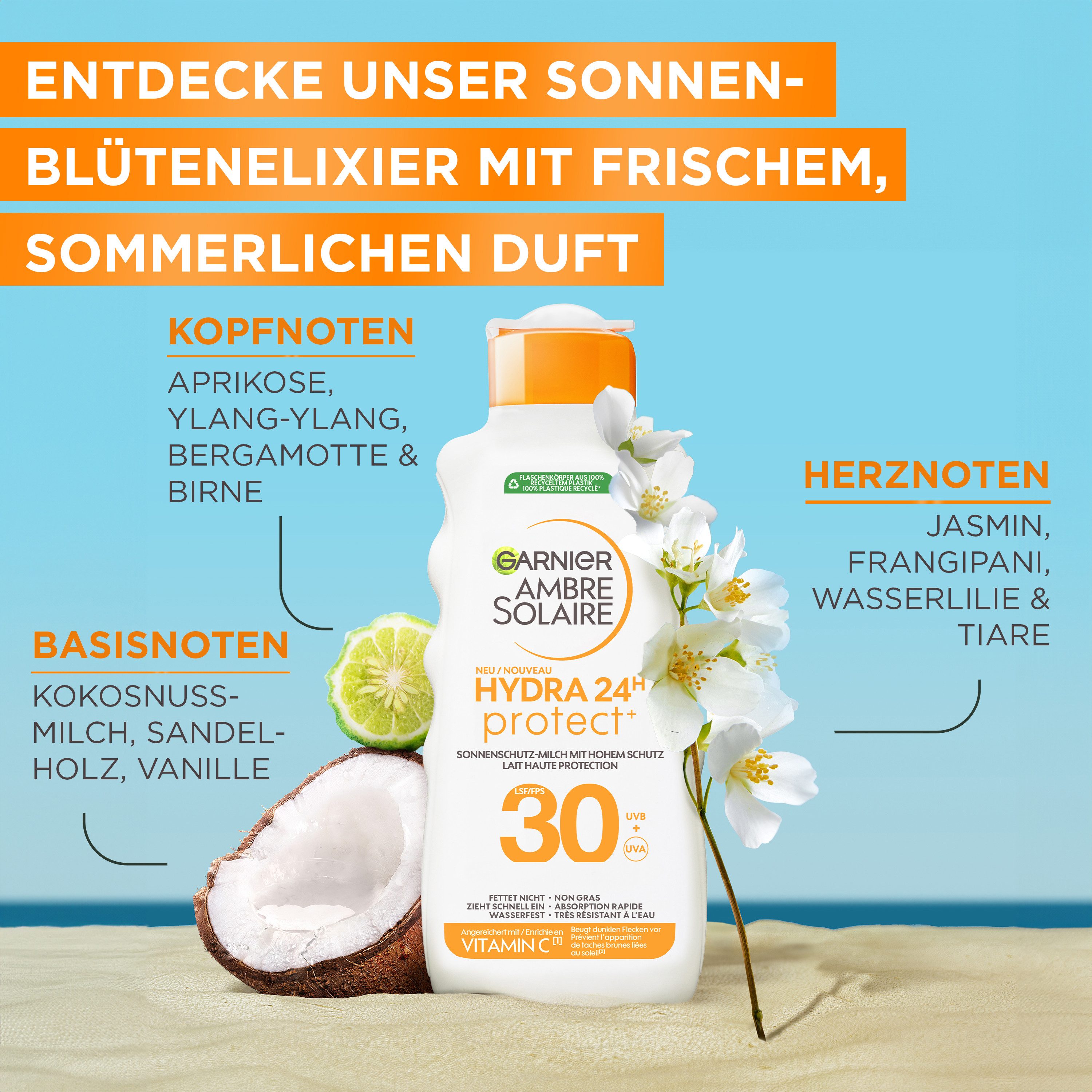 GARNIER Sonnenschutzmilch AMBRE SOLAIRE HYDRA PROTECT+ 24H SONNENSCHUTZ-MILCH LSF 30, mit Spray-Textur, schnell einziehend, wasserfest, für alle Hauttypen – Bild 4 von 5