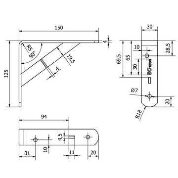 SO-TECH® Regalwange Regalkonsolen mit Querstrebe zur Stabilisierung, 150 x 125 x 30 mm, weiß, pulverbeschichtet