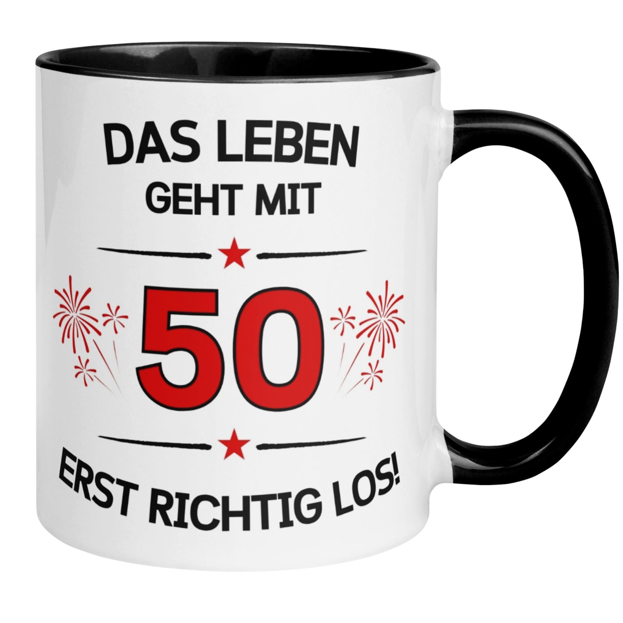 Momentals Tasse Geburtstag Geschenk Mann Frau 50 – „Das Leben geht erst richtig los“, Beidseitiger Druck · Links- & Rechtshänder · Spülmaschinenfest