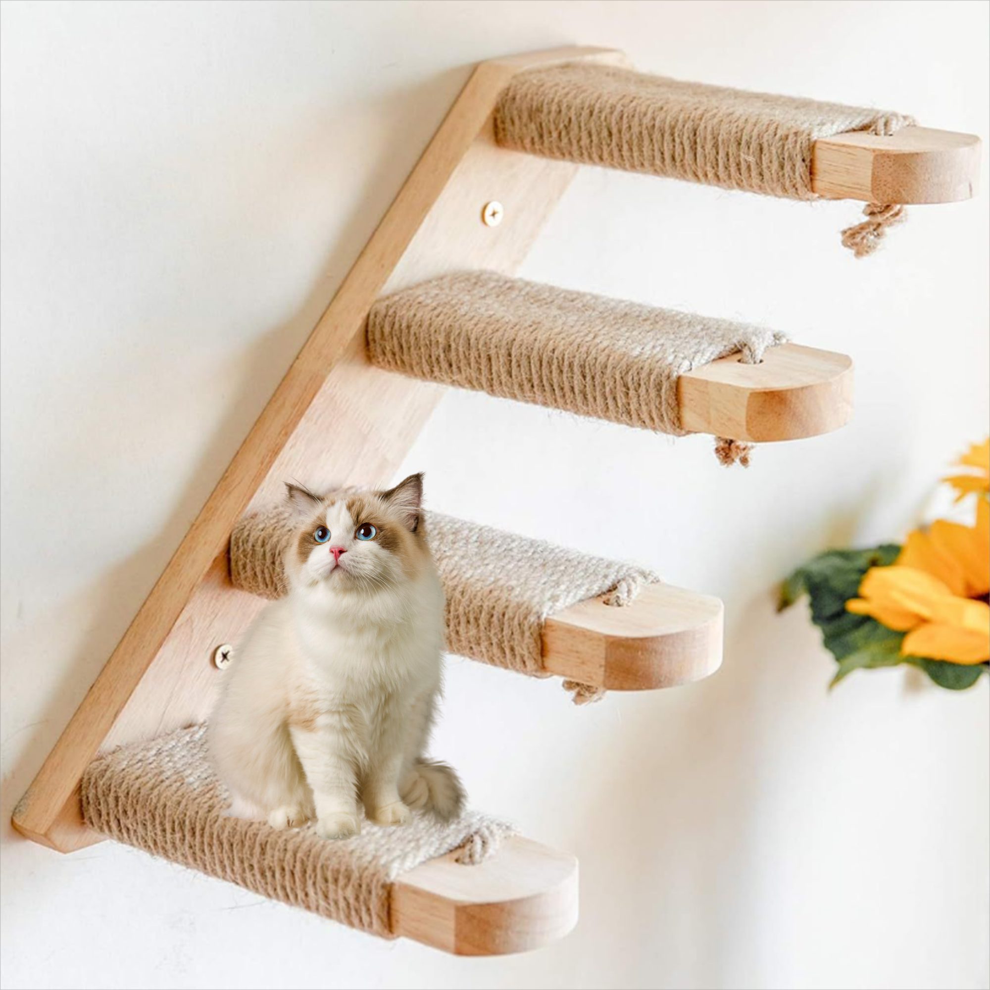 YINDN Katzen-Kletterwand 4 Etagen Haustier-Treppewand, Massivholz Katzenleiter, Katzenmöbel, für Haustier Klettern/Spielen/Faulenzen