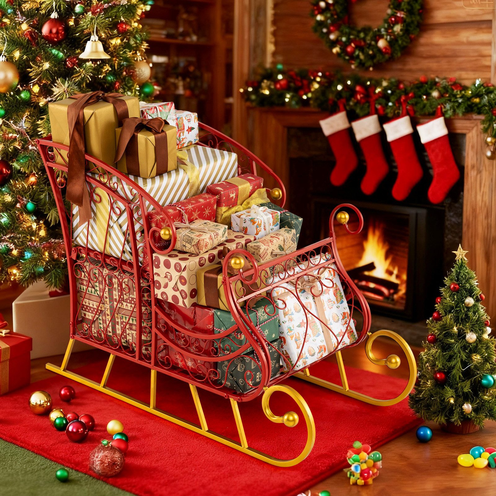 COSTWAY Weihnachtsfigur, Deko Schlitten, Santaschlitten, Weihnachtsdeko