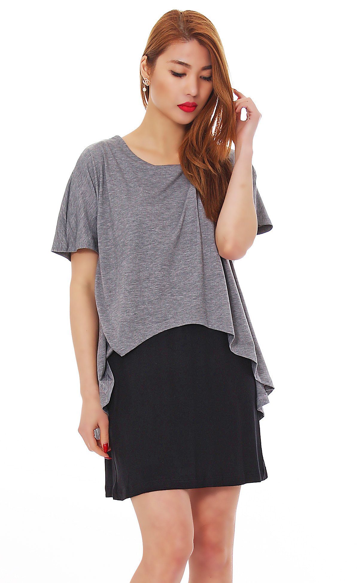 Oberteil Grau Damen Longshirt T-Shirt Bluse Schwarz Kleid Mississhop 2-in-1-Shirt Kurzarmshirt