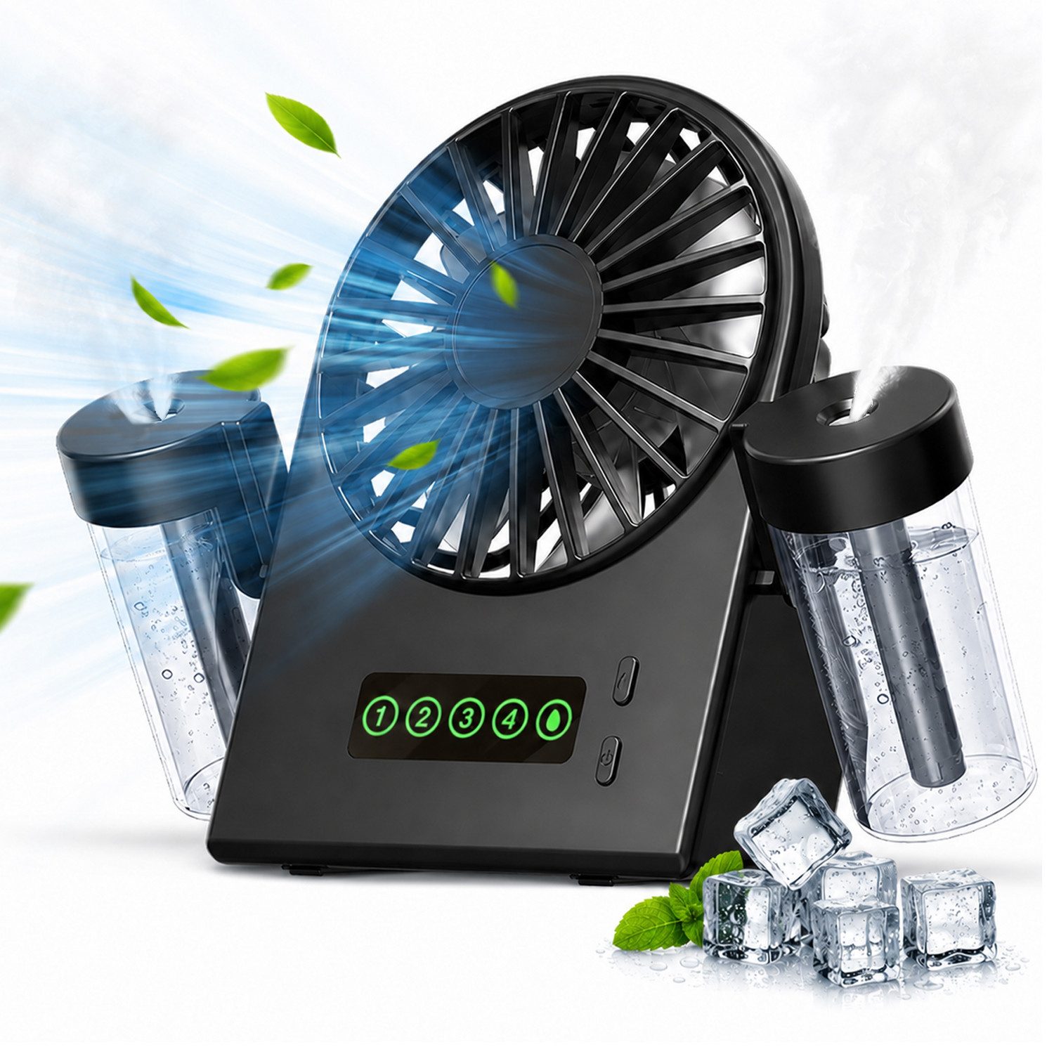 MOPUEA Tischturmventilator Mobiles 2-in-1 Sprühventilator Mini Handventilator 4 Stufen