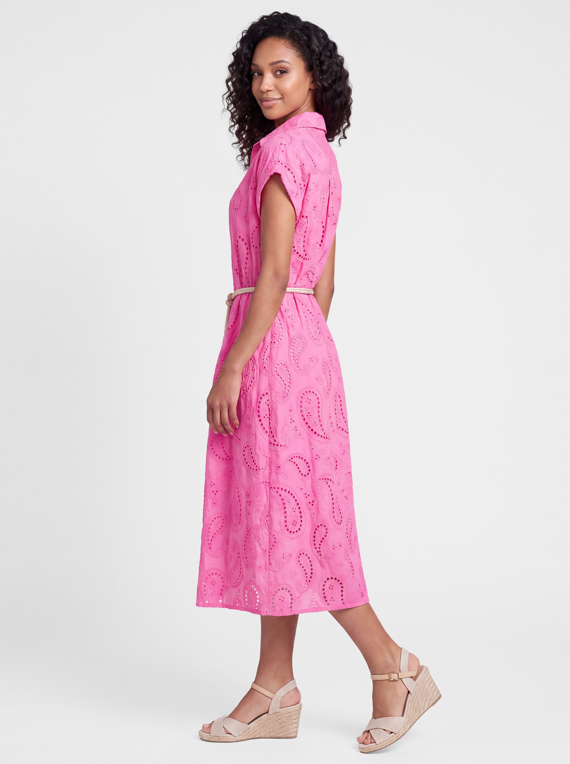 PEKIVESSA Sommerkleid Hemdblusenkleid mit Lochstickerei und Gürtel in Midilänge