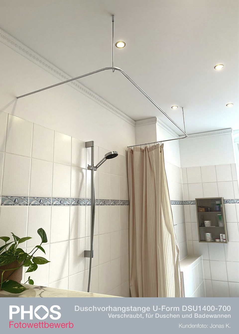 PHOS Design Duschvorhangstange für Badewannen in U-Form zur Wand-/ Deckenmontage, verschraubt, verschraubt, verklebt, - 100% Made in Germany