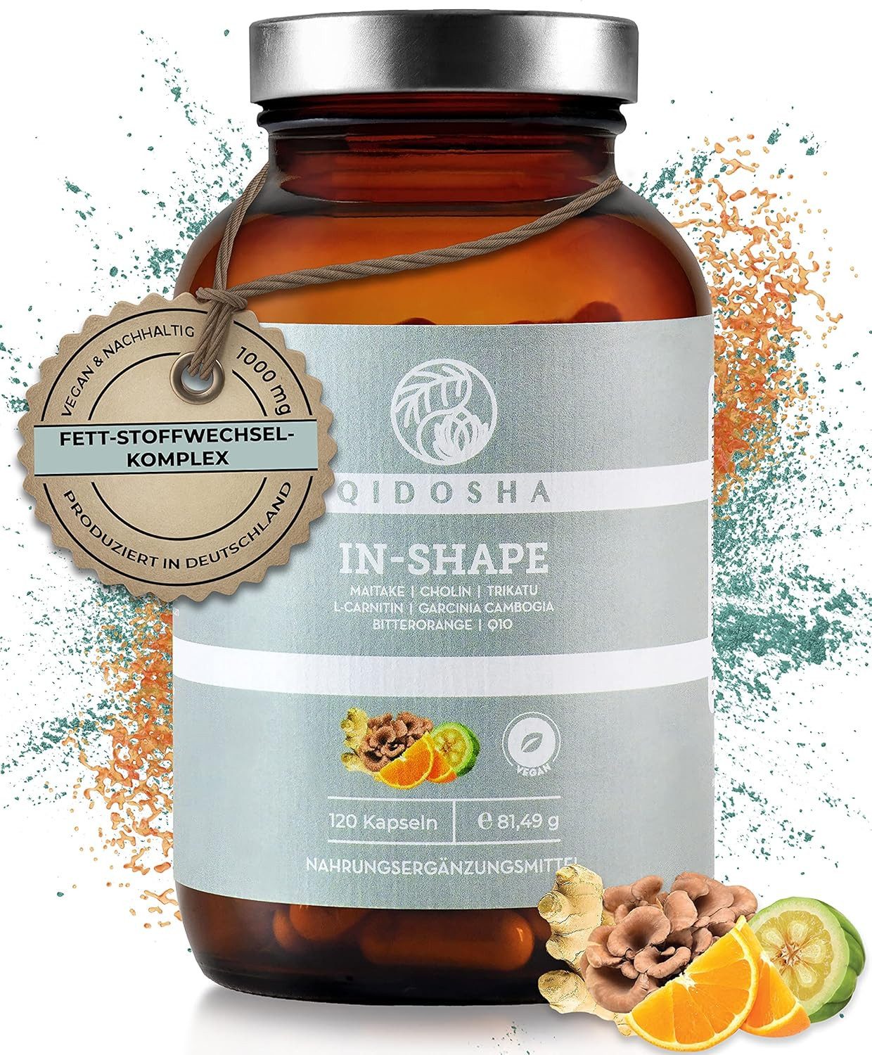 QIDOSHA Fettstoffwechsel- und Mitochondrien-Komplex IN-SHAPE Kapseln, im Apothekerglas, u.a. mit Coenzym Q10, Maitake, Bitterorange, Cholin, L-Carnitin, Grünem Kaffee & Trikatu à 120 St., 81 g