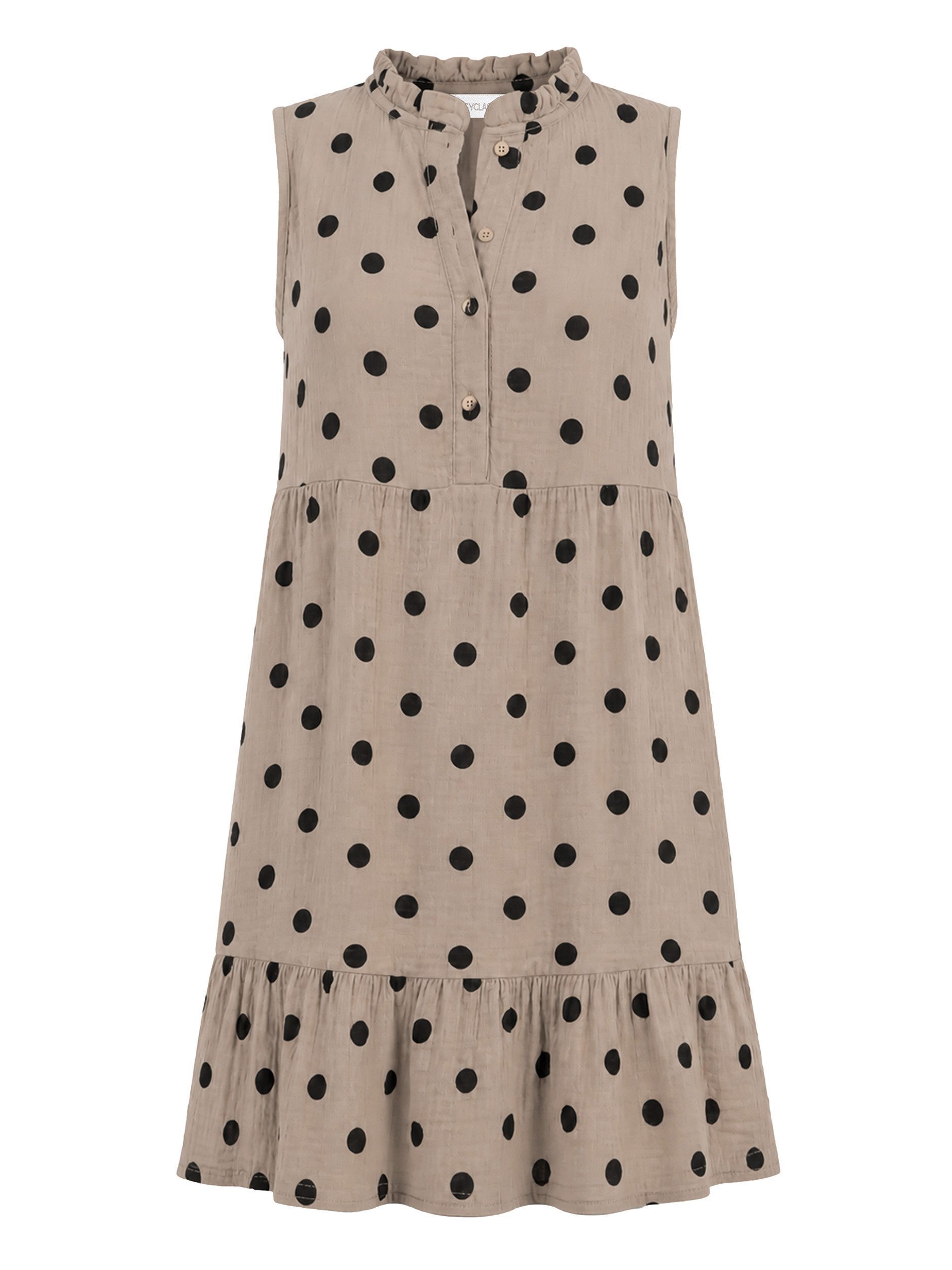 SASSYCLASSY Midikleid Ärmelloses Musselinkleid mit Volants für Damen Luftiges Sommerkleid aus Musselin in Punkte Print mit Stehkragen