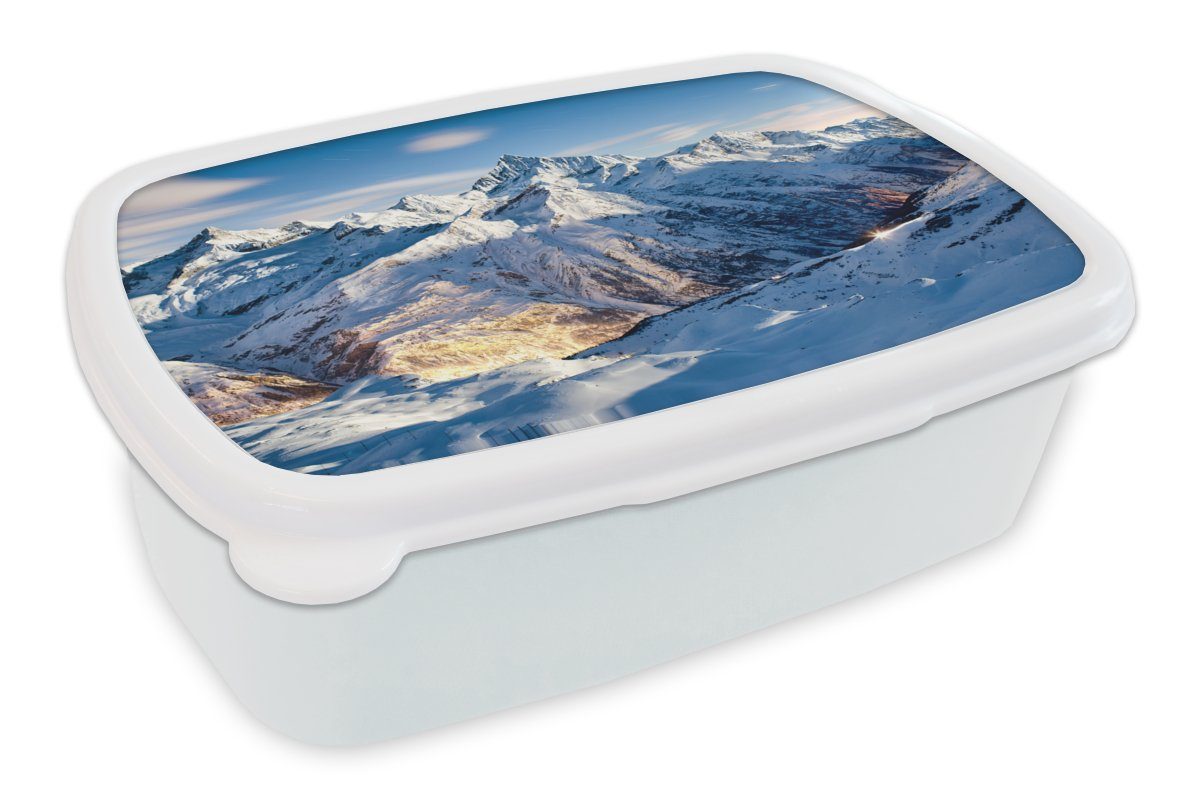 MuchoWow Lunchbox Alpen - Berg - Schnee, Kunststoff, (2-tlg), Brotbox für Kinder und Erwachsene, Brotdose, für Jungs und Mädchen weiß