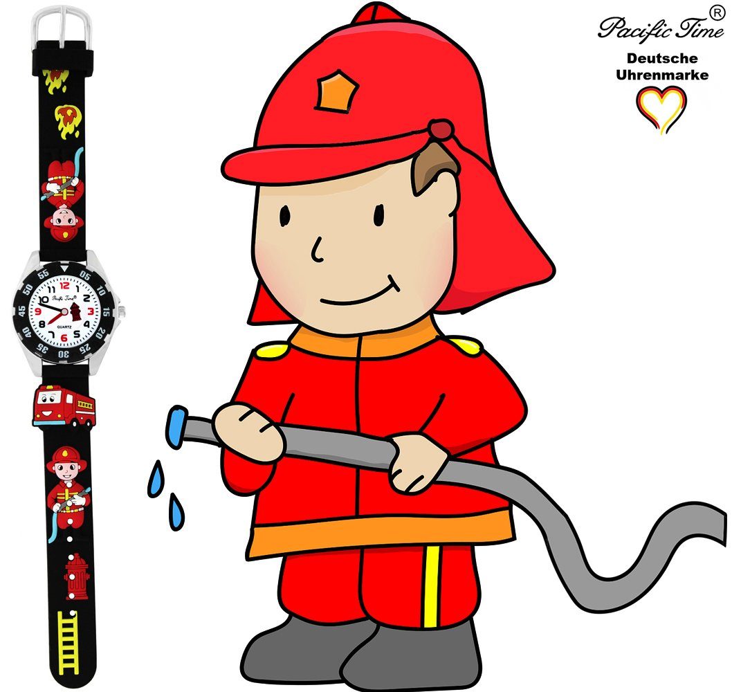 Pacific Time Quarzuhr Kinder Armbanduhr Gratis Versand Feuerwehr Silikonarmband, schwarz