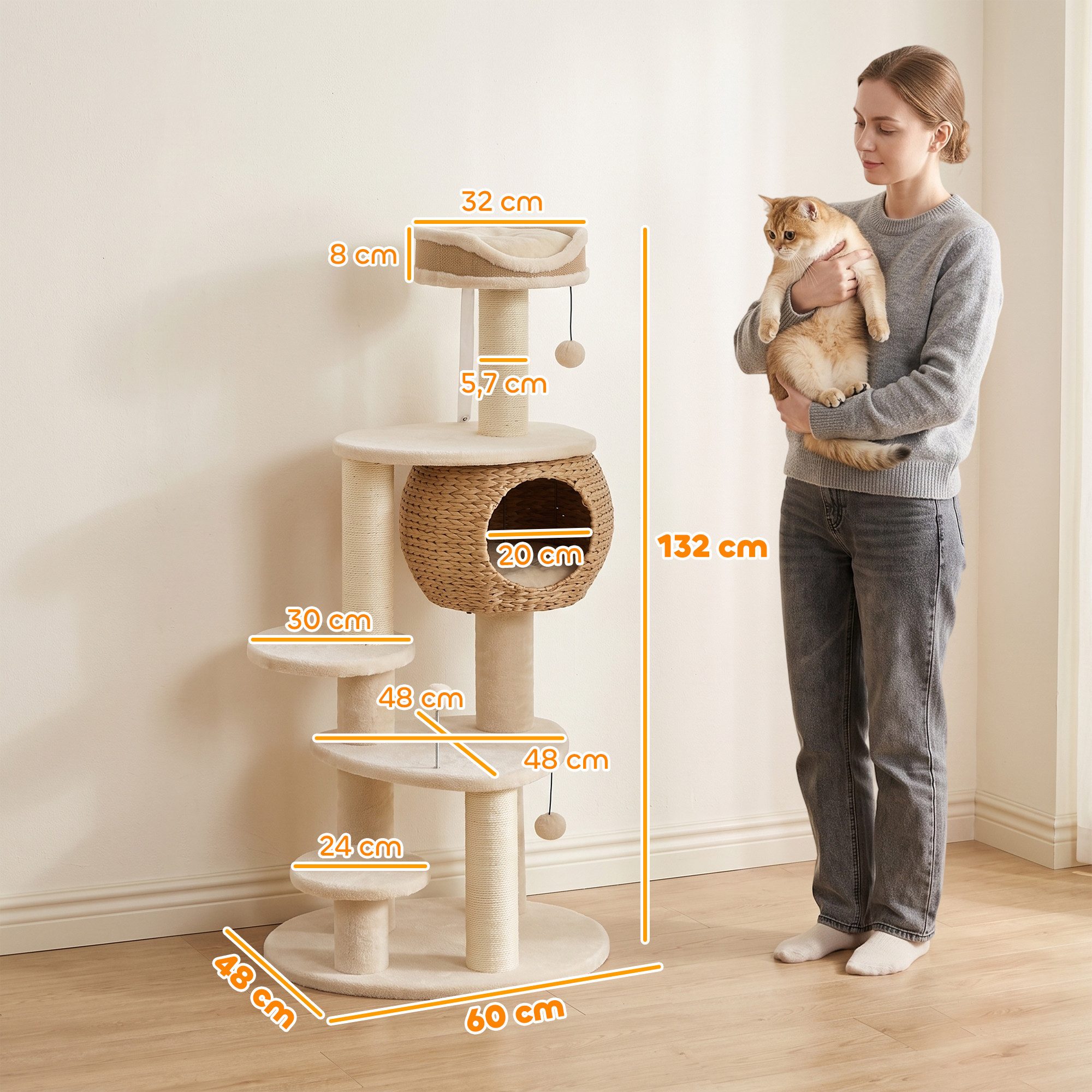 PawHut Kratzbaum Katzenbaum 132 cm hoch mit 3 Spielbällen und Kippschutz Beige, 4 Ebenen, Höhle, 3 Sisalstämme – Bild 3 von 5