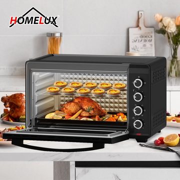 HOMELUX Minibackofen 60L 2000W Pizza-Ofen, Mini ofen mit Hähnchengrill, Ober-/Unterhitze, 100°-230°C, Grad stufenlose Temperaturregelung, Schwarz