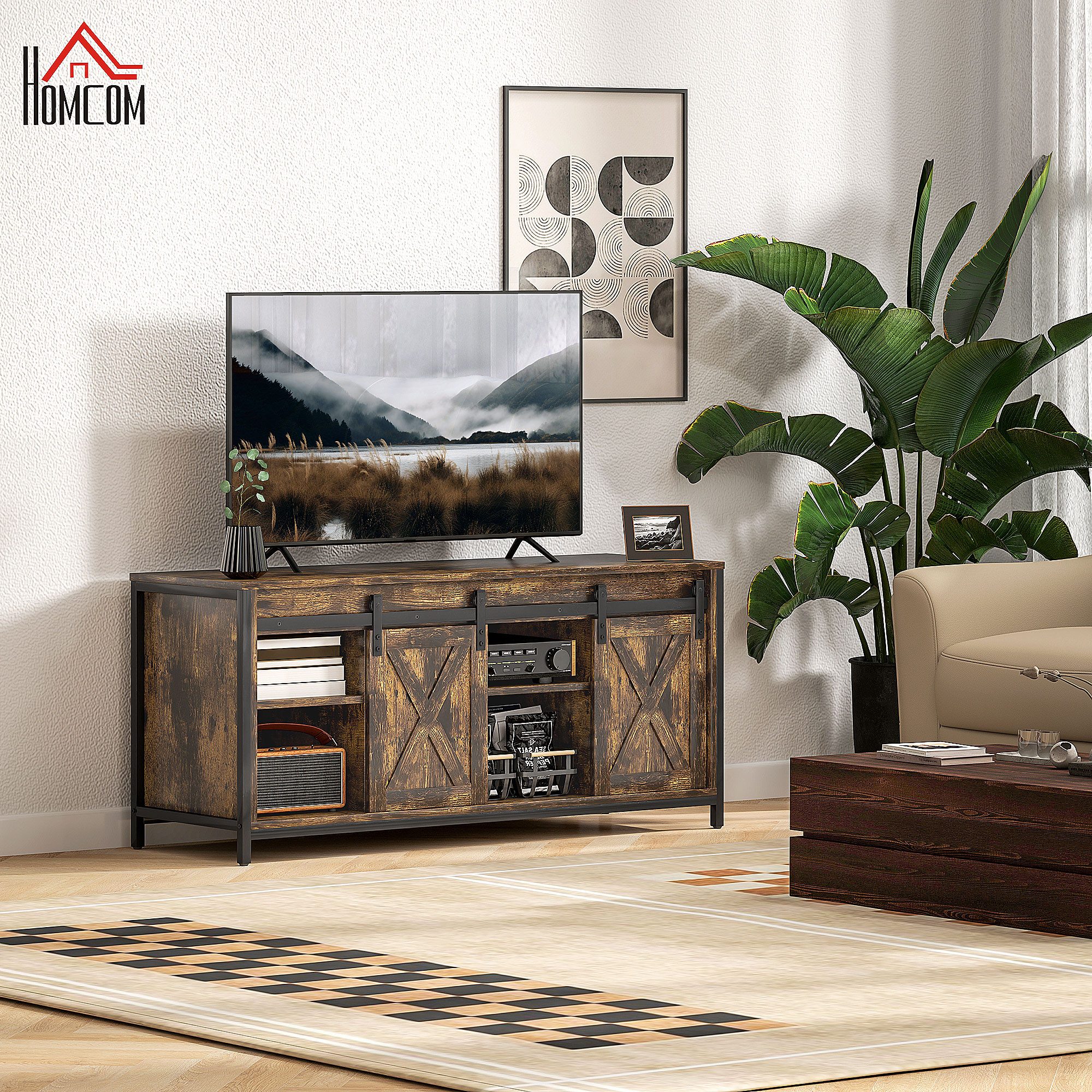 OKWISH TV-Schrank 120x54x40 cm mit Schiebetüren und Kabelmanagement (in Braun für Geräte bis 60 Zoll, 1-St., Lowboard mit 2 Schränken & 2 offenen Regalebenen) Fernsehtisch mit viel Stauraum für Wohnzimmer & Medienbereich