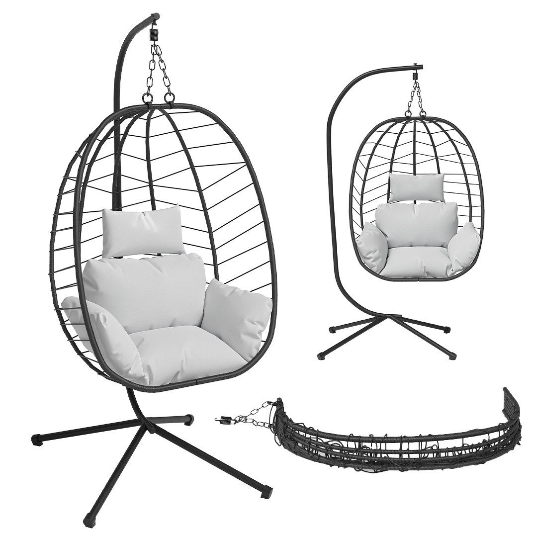 STEELSØN Hängesessel Alarian (hellgrau/schwarz, mit Gestell und Sitzkissen), höhenverstellbar, faltbar, für indoor und outdoor, aus Polyrattan