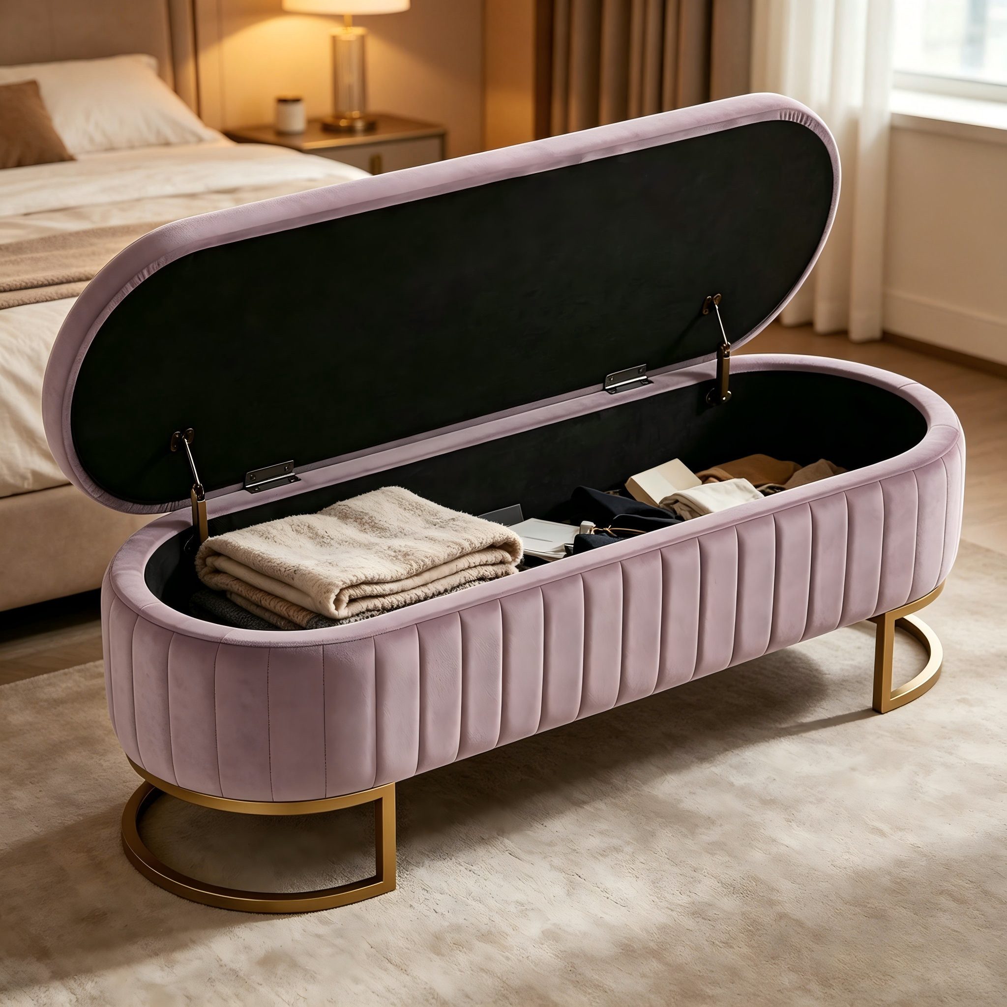 Odikalo Bettbank Schuhbank Fußbank Samtbezug mit Stauraum GoldeneMetallfüße (Samt Bettbank Fensterbank mit Stauraum 130cm Polsterbank Sitztruhe für Schlafzimmer Flur Wohnzimmer)