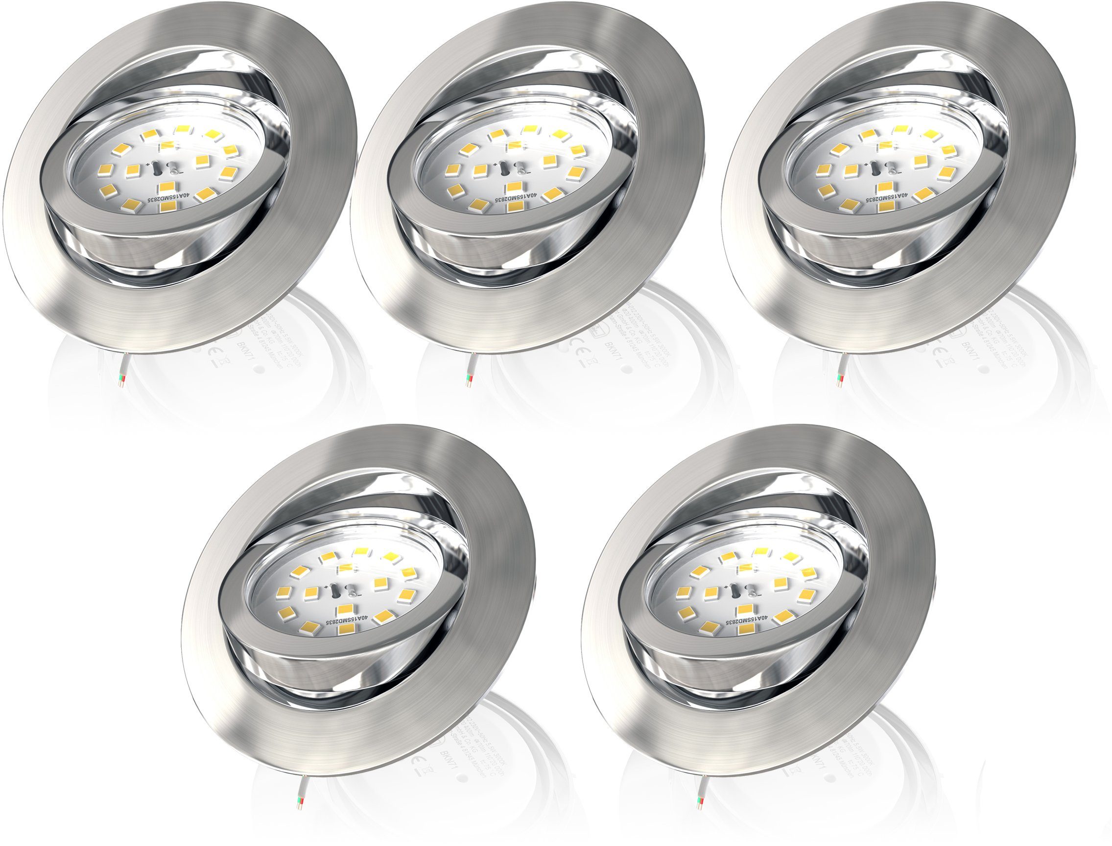 Außenmaß, LED BK_EL1074 Dimmfunktion, Set, Warmweiß, integriert, Einbauleuchte, 5,5W, LED Warmweiß, Ø8,2cm fest 3.000K, Ø6,8cm 470Lm, 5er Schwenkbar, Dimmbar, LED Einbauleuchte Lochbohrung, B.K.Licht IP23