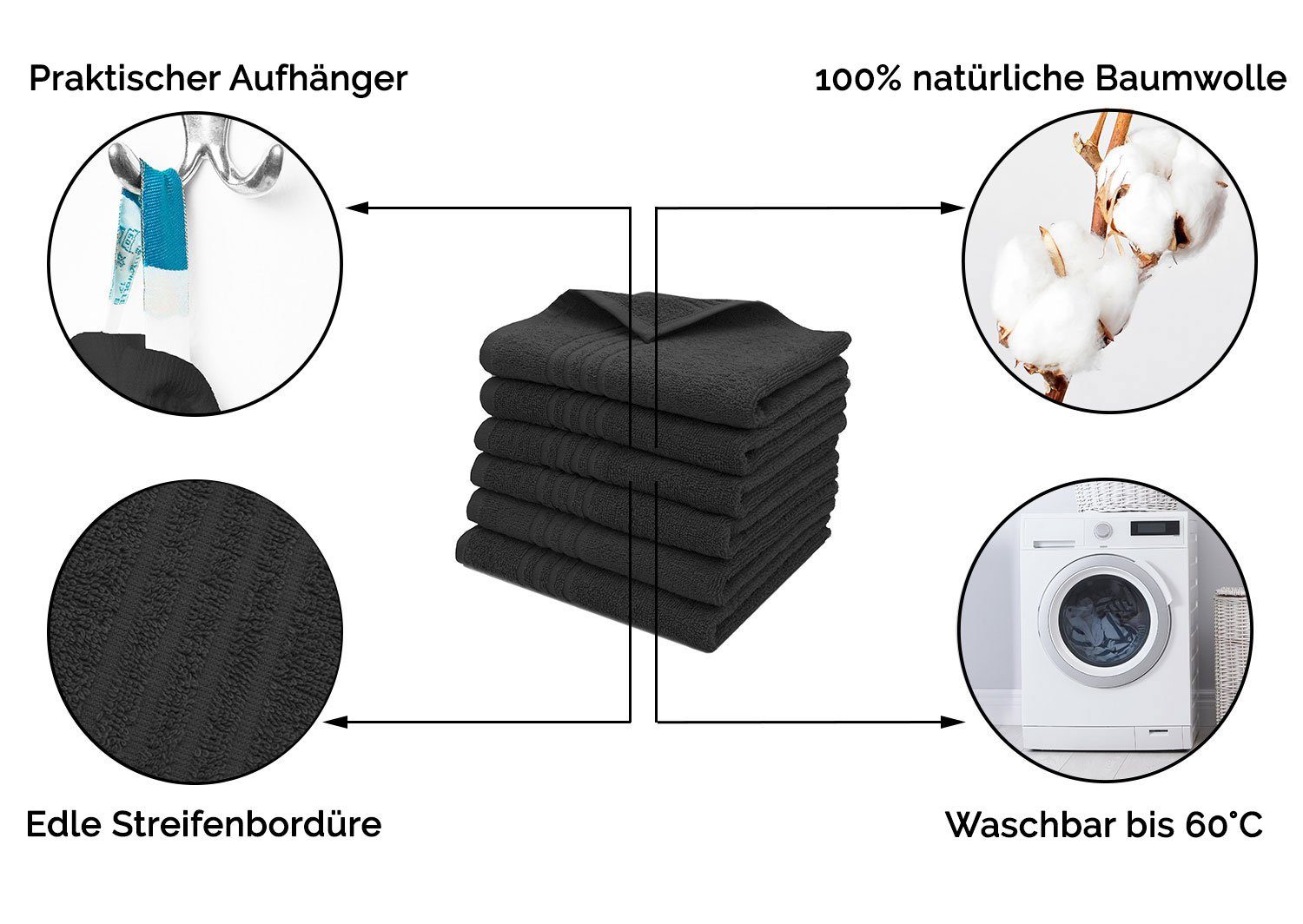 (6-St), ZOLLNER schwarz 60 40 100% x vom Baumwolle, Hotelwäschespezialisten Gästehandtücher, cm, Walkfrottier
