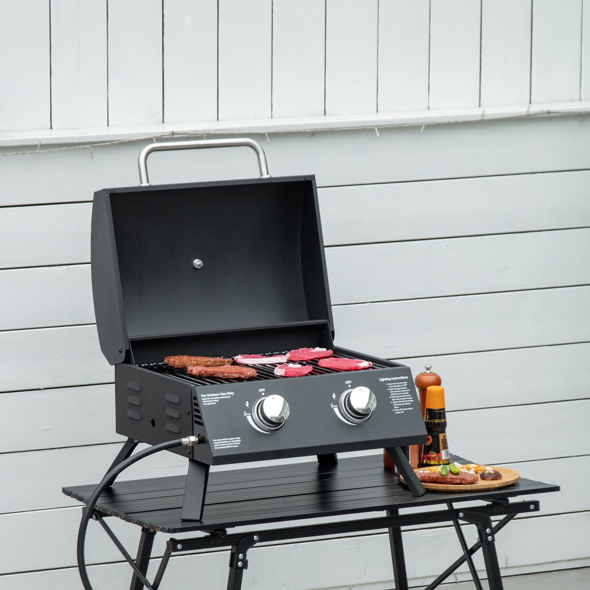 Novzep Tischgrill Tischgrill Gasgrill BBQ mit 2 Brennern mobiler Grillwagen Grillnetz, Outdoor Tischgasgrill Picknick mit Druckminderer Schlauch