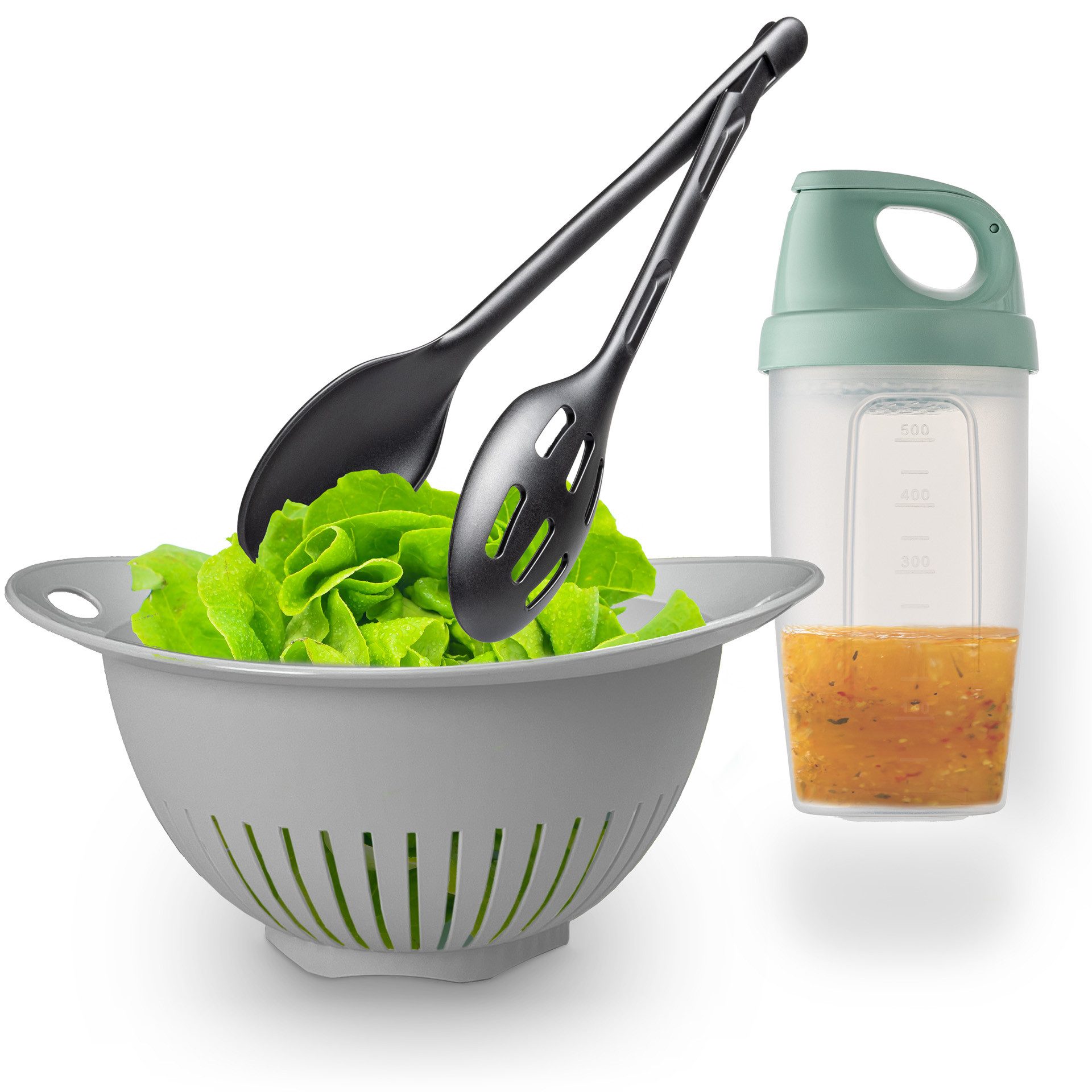Hausfelder Salatschüssel Salat Zubehör Set, 3teilig, Salatsieb + Dressingshaker + Salatbesteck, Kunststoff, (3er Set, 3-tlg), ein Set zum waschen, Mixen und Zubereiten von salaten