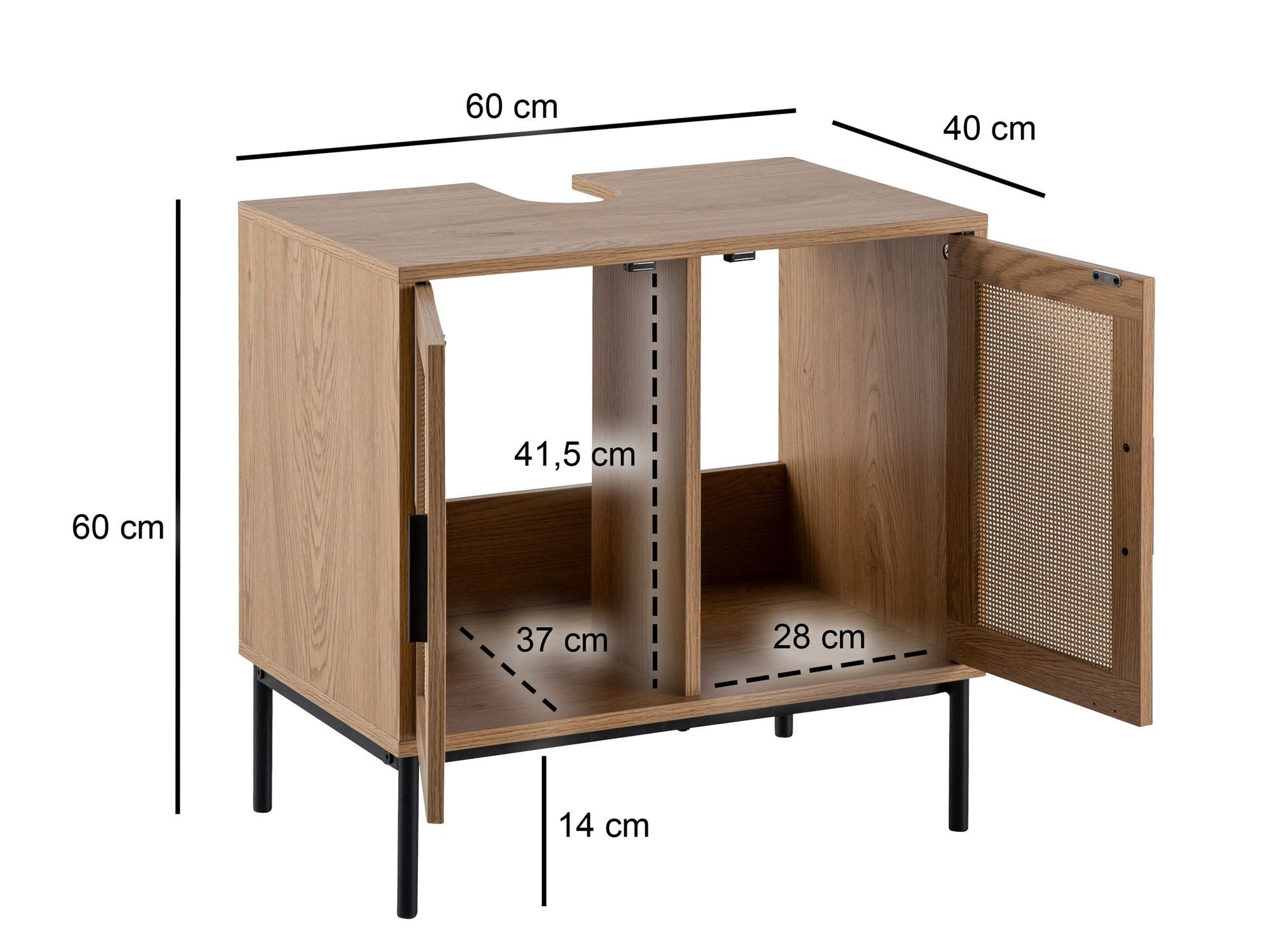 FineBuy Waschbeckenunterschrank Eiche-Optik 60x60x40 cm mit Türen, Badezimmerschrank mit Rattangeflecht, Unterschrank Stehend, Badschrank Midischrank Klein Wasc – Bild 3 von 5