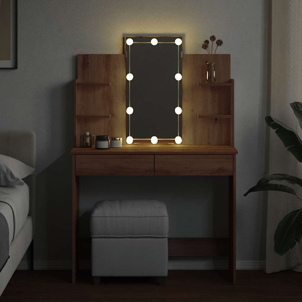furnicato Schminktisch mit Spiegel 96x40x142 cm in Artisan-Eiche (1-St), Frisiertisch mit LED-Beleuchtung, 2 Schubladen und USB-Anschluss
