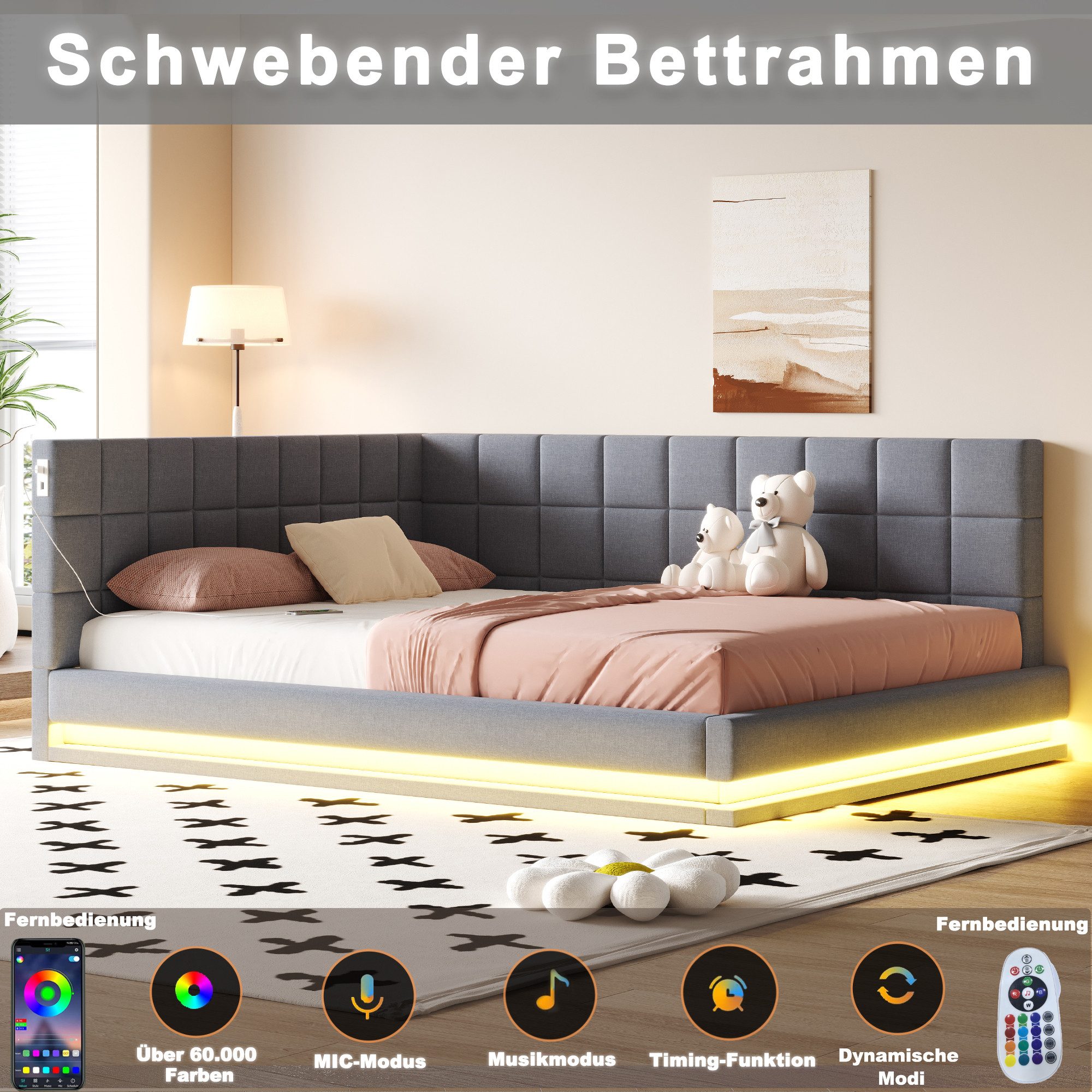 REDOM Schlafsofa Polsterbett,Funktionsbett,Jugendbett, Multifunktionales Polsterbett-Schlafsofa mit LED-Lichtleiste und USB-Anschluss., ohne Matratze
