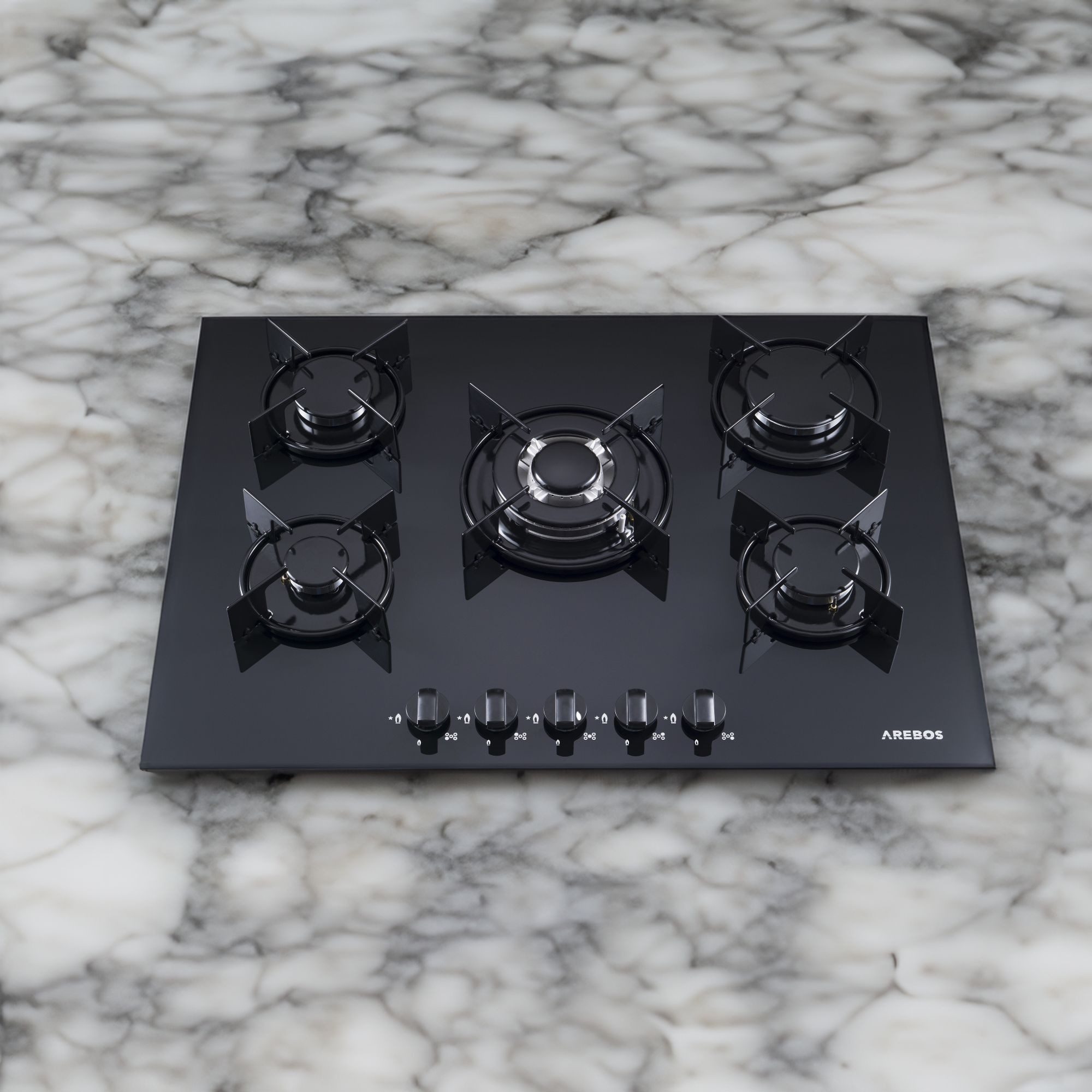 Arebos Gas-Kochfeld 5 Flammig, Glaskeramik, Gasherd mit automatischem Flammenschutz, Geeignet für Erdgas oder Propangas, Gasherd, Gaskocher