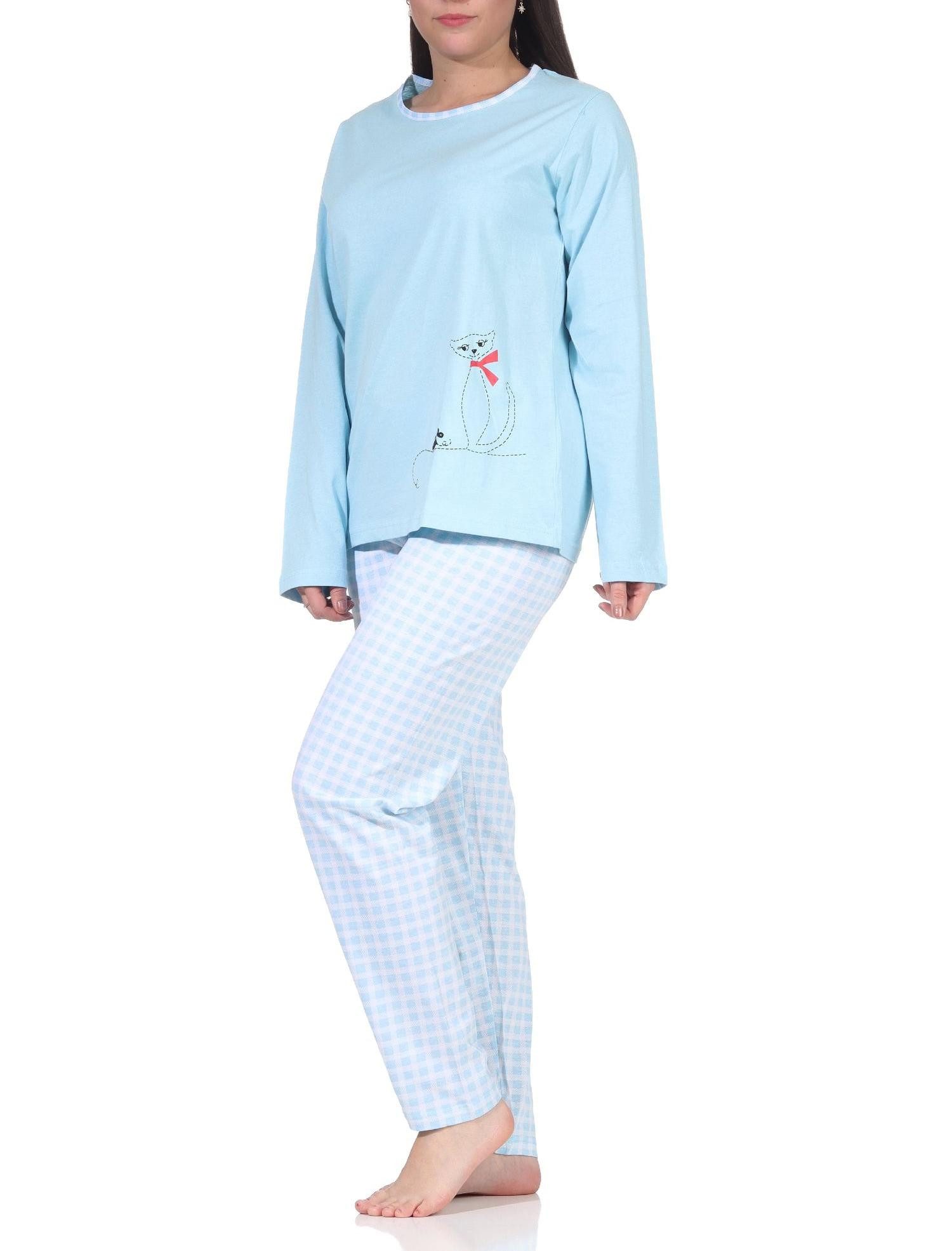 RELAX by Normann Pyjama Damen langarm Schlafanzug süsses Katzen Motiv, Karo Jersey Hose – Bild 2 von 4