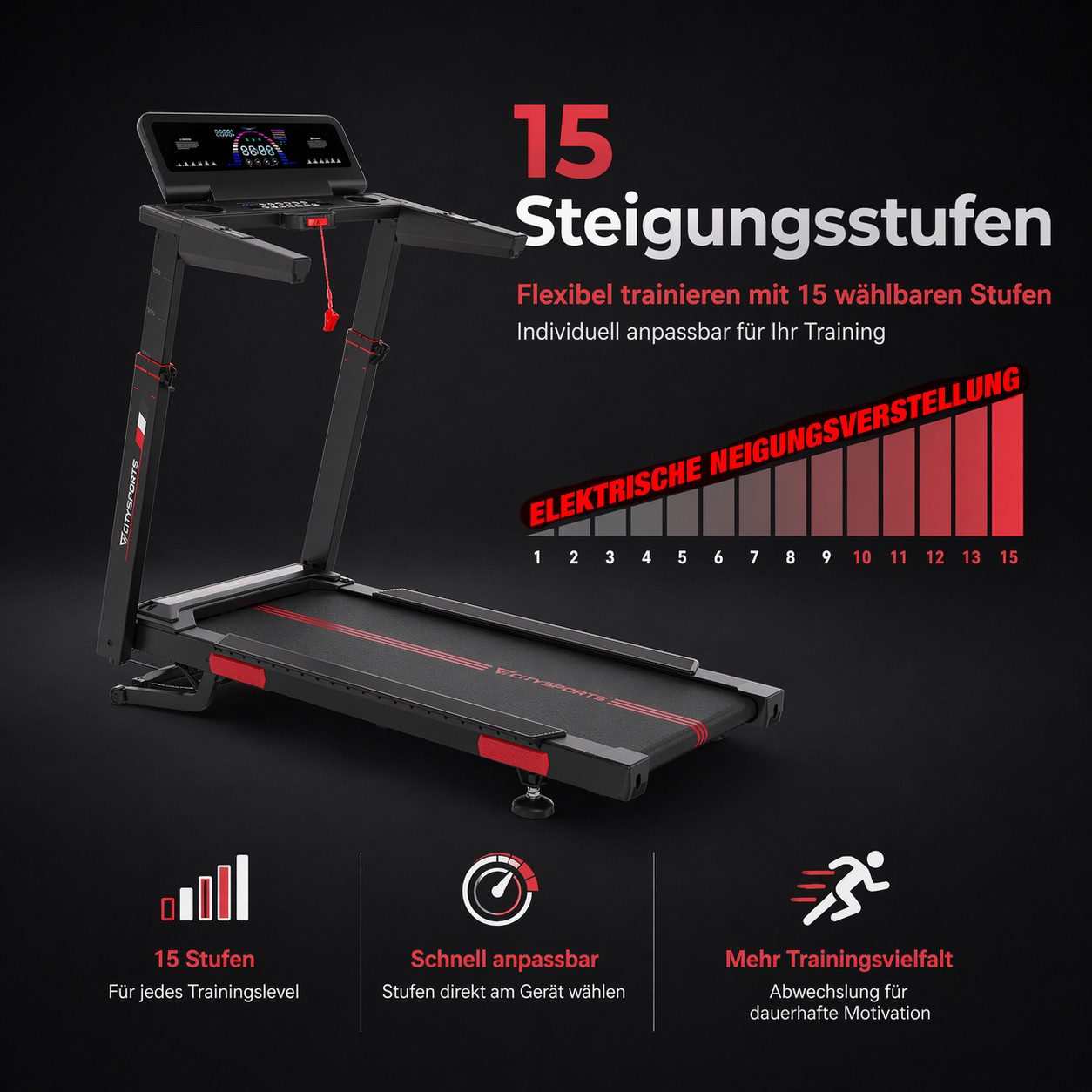 CITYSPORTS Laufband Laufband für zu Hause, Elektrischer Winkellift 15 St. mit Bosch motor, 50*135cm Laufbereich . Armlehnenhöhe in 4 Stufen verstellbar