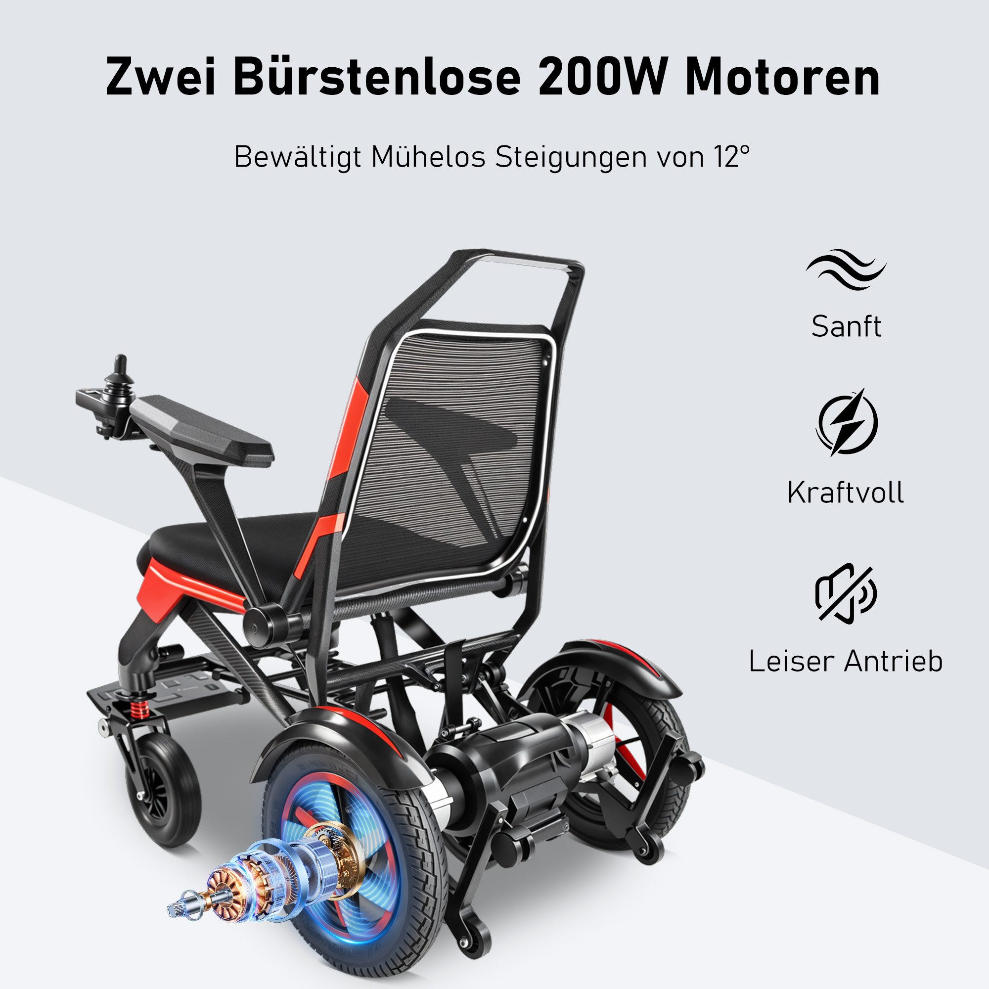 Vankel Elektrorollstuhl Kohlefaser, Elektrisch Faltbar Leicht bis 150KG, 40 km, 20AH, 2x250W, 6,00 km/h E-Rollstuhl