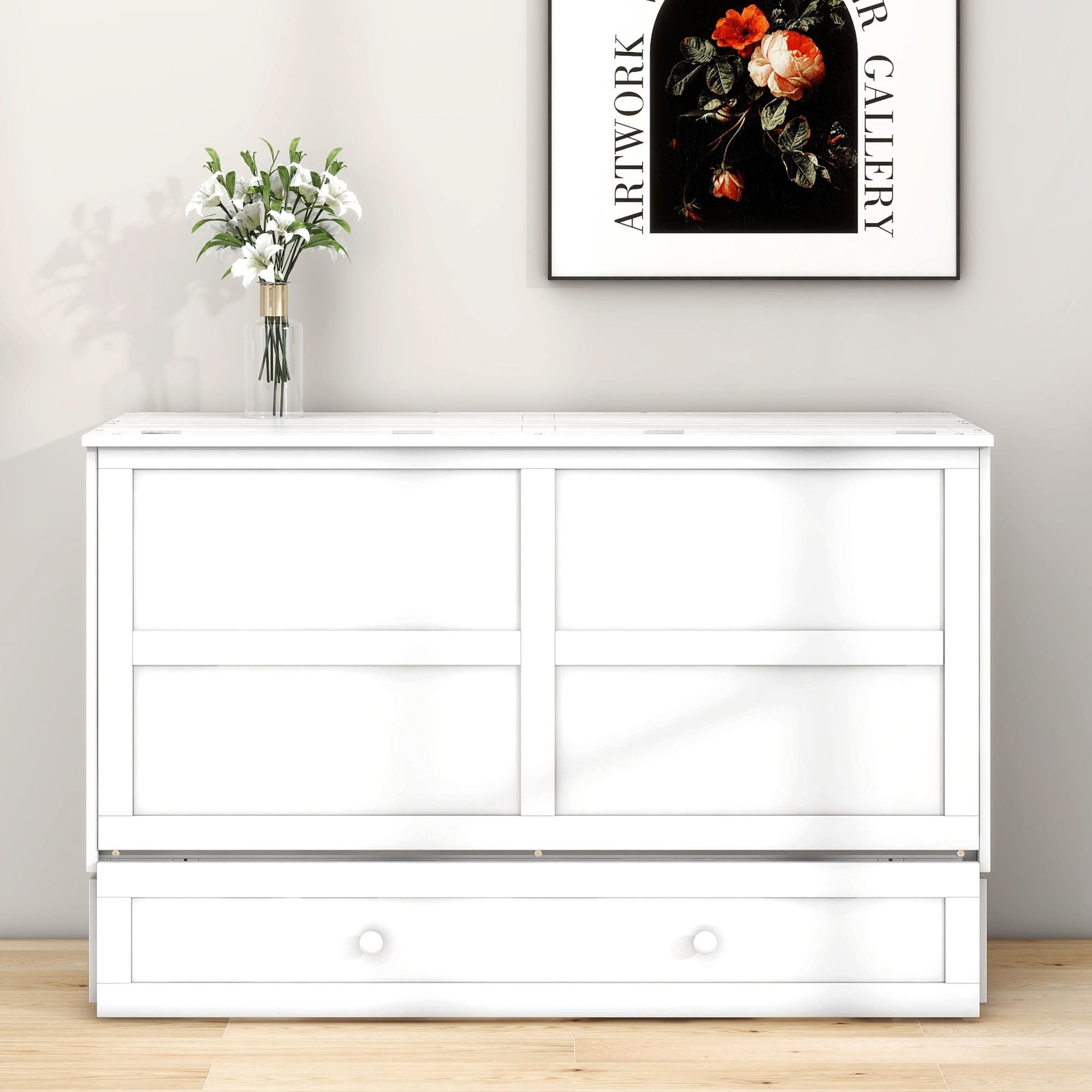 Ulife Wall Bed Mobile Wall Bed 140x200 with Drawers & Shelf (White)