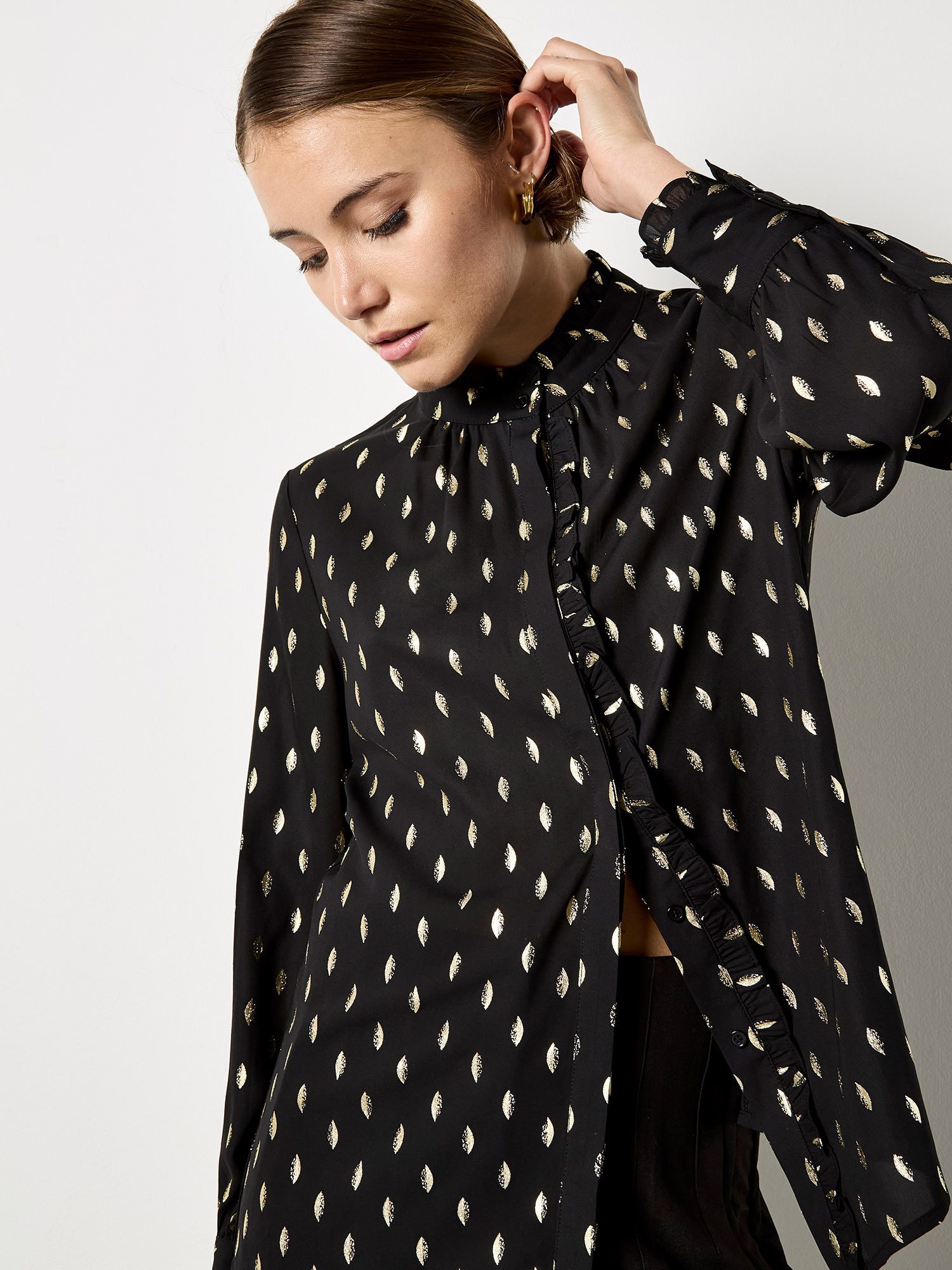 Apricot Rüschenbluse Rüschenbluse mit Goldfoliendruck