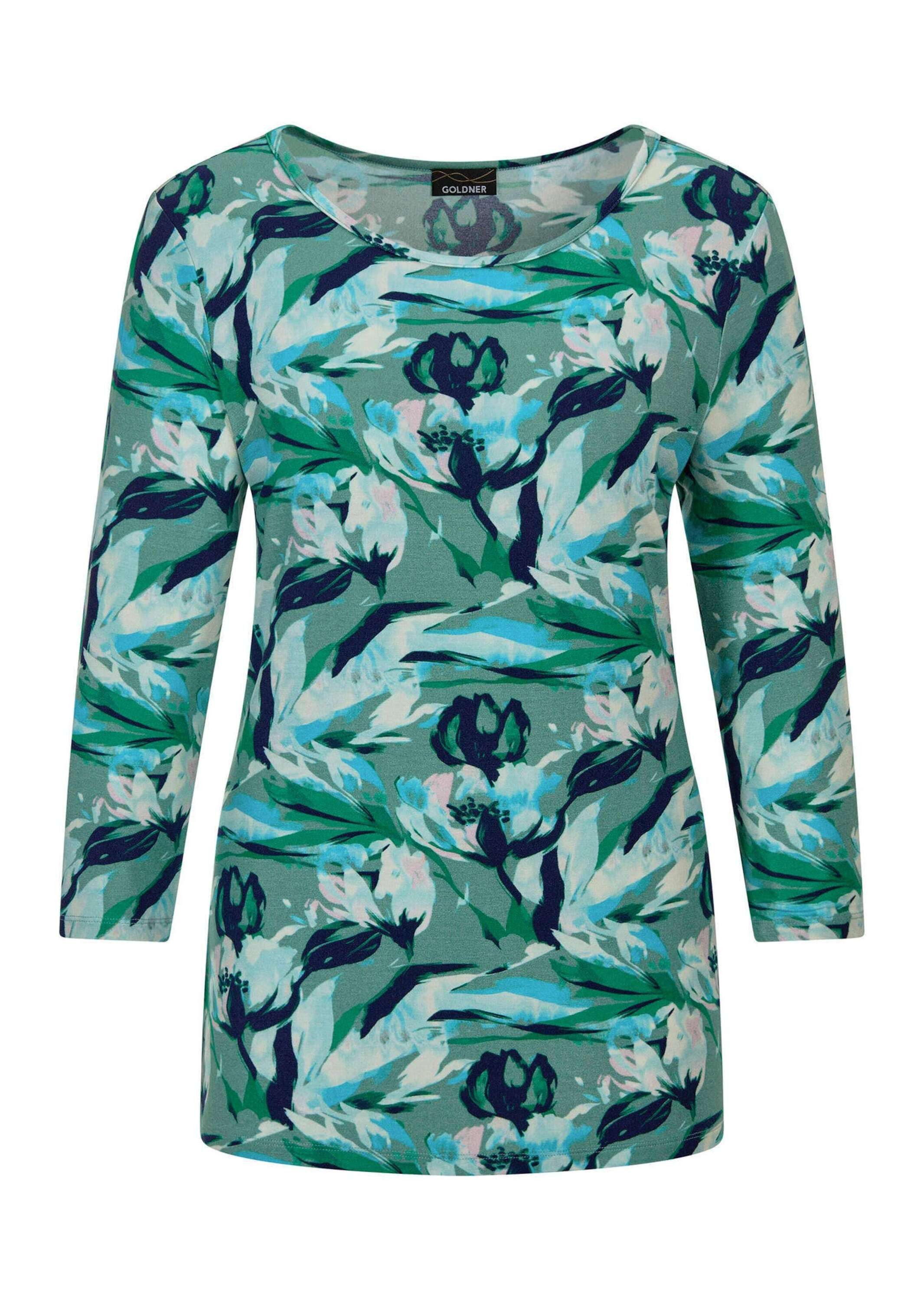 GOLDNER Print-Shirt Kurzgröße: Viskoseshirt floral, U-Boot-Ausschnitt Druckshirt mit Blumenmuster und 3/4-Ärmeln