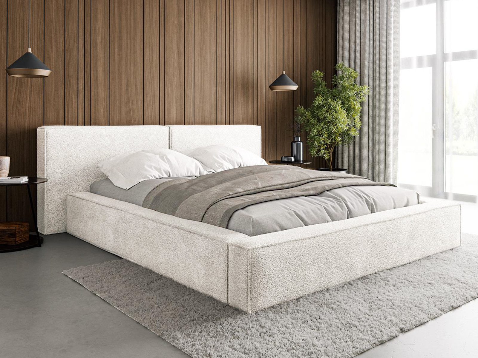 Compleo Polsterbett boucle mit Bettkasten und Lattenrost, Designerbett HEVE