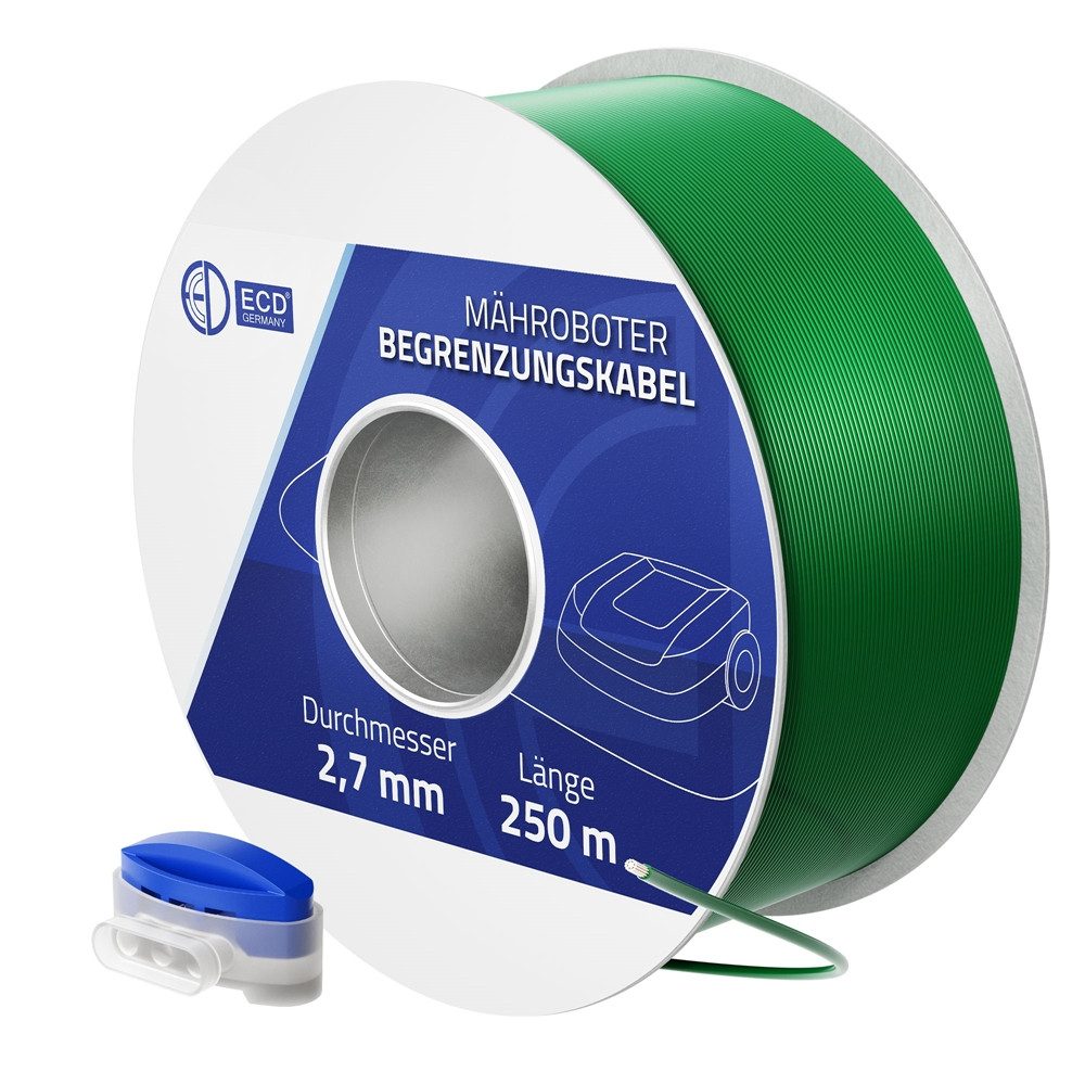 ECD Germany Universal Begrenzungsdraht aus Kupfer verzinnt für Mähroboter Begrenzungskabel, (25000 cm), Kabel für Rasenmäher Rasenroboter Grün mit 12 Kabelverbinder grün