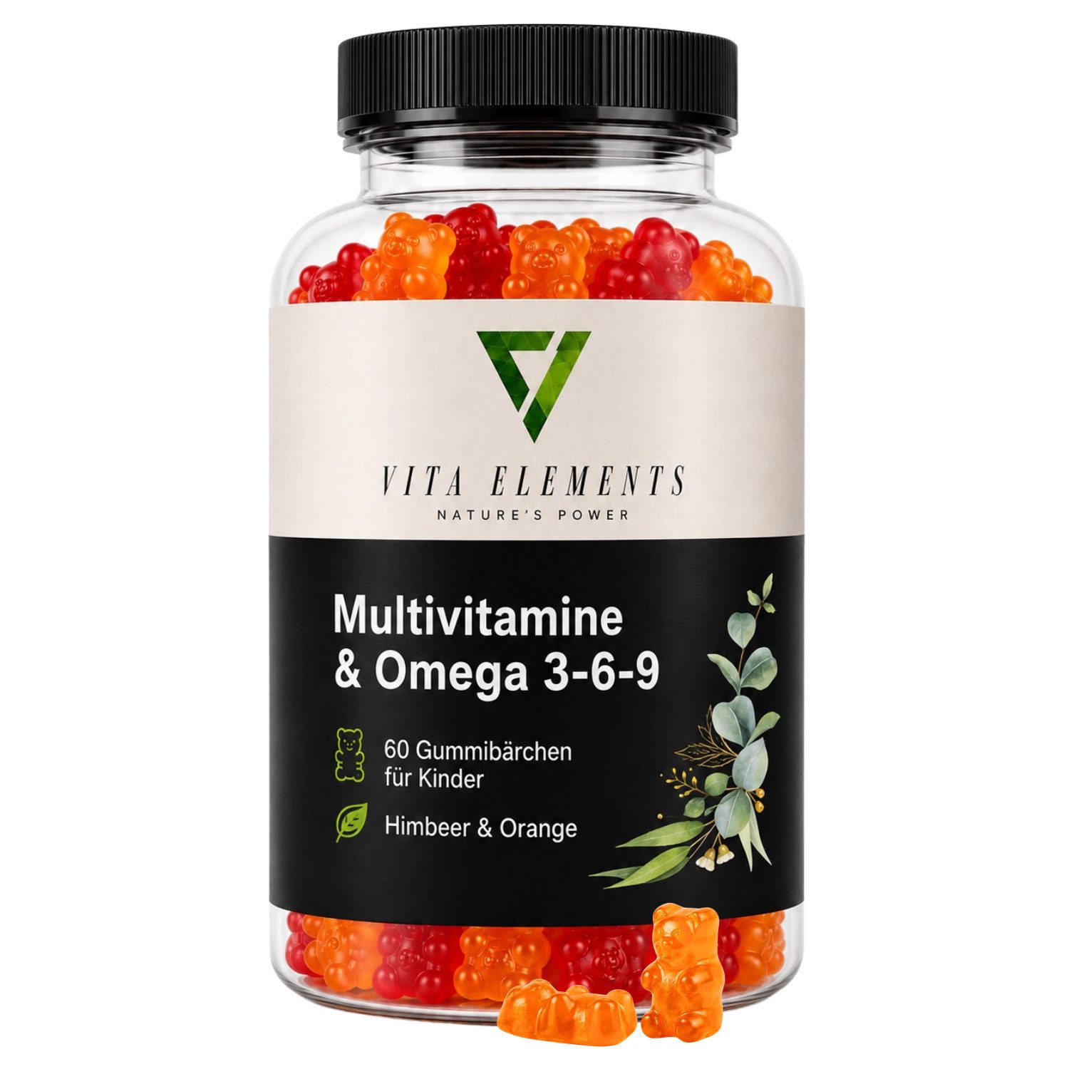 Vita Elements Multivitamin & Omega 3-6-9 Gummies - 15 Nährstoffe für Kinder, 60 Gummibärchen, 1 er Packung à 60 St., Himbeer-Orange Geschmack, Hochdosiert, Laborgeprüft in Deutschland