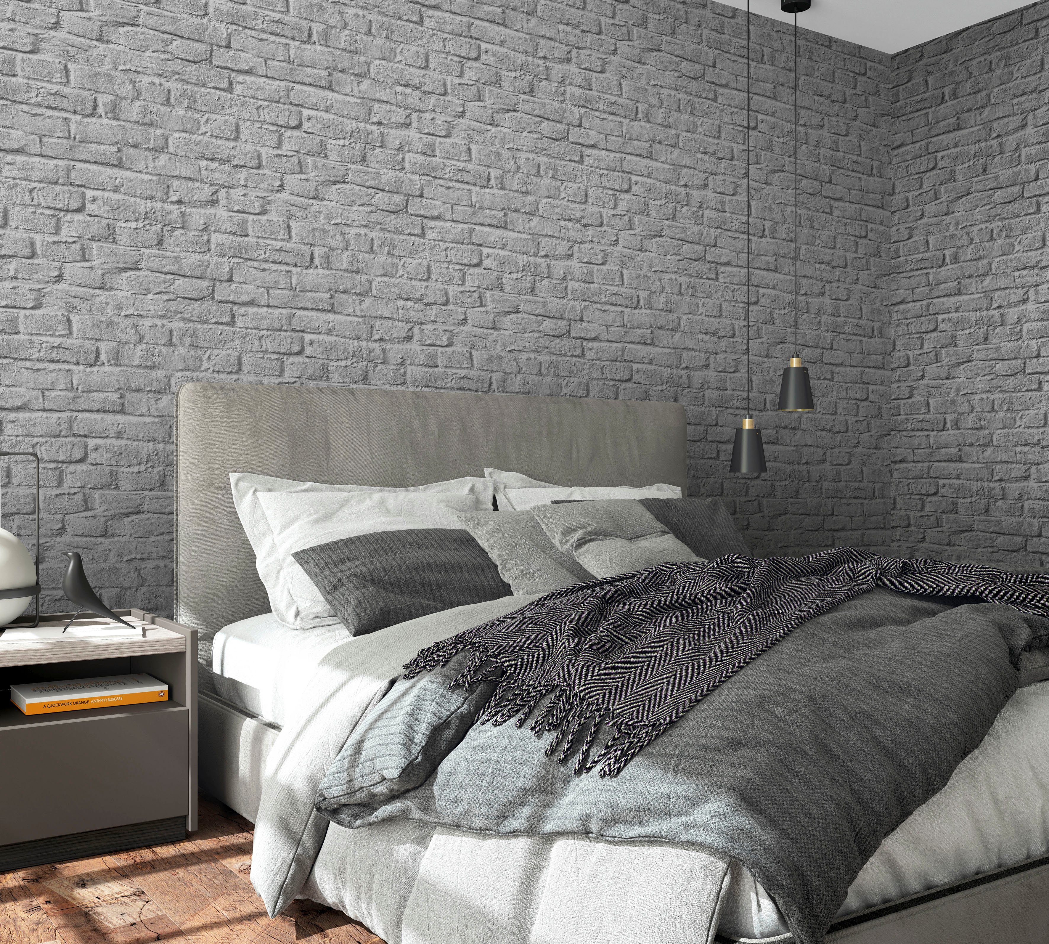 Küche für Wohnzimmer Vliestapete Schlafzimmer 3D-Optik, Brick, strukturiert, moderne Marburg greige Vliestapete