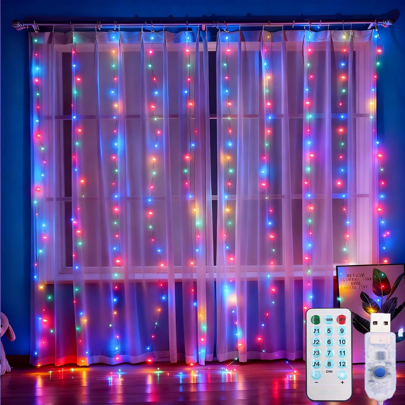 MUPOO LED-Lichtervorhang 3 M X 3 M 300 LED USB Lichterketten Vorhang, 8 Modi