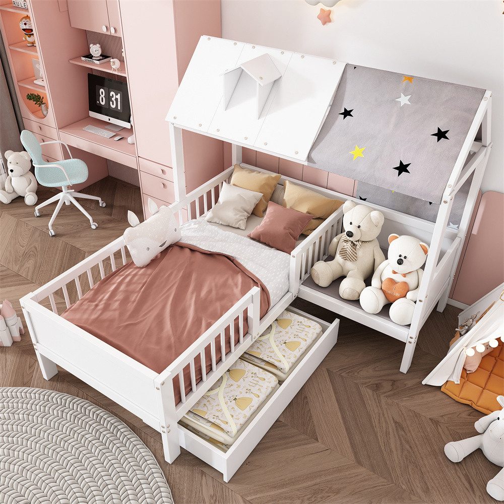 XDeer Einzelbett Hausförmiges Kinderbett aus Holz, Einzelbett, multifunktional, mit Zeltstoff & Kissen, Schubladen unten, ohne Matratze