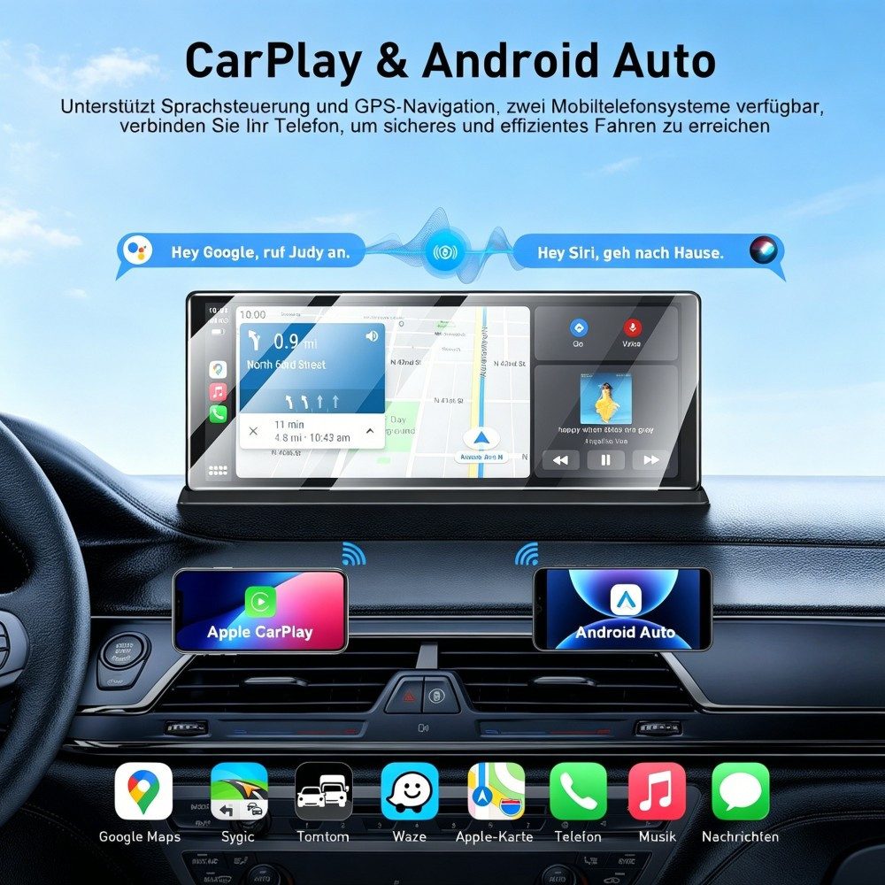 ESSGOO 4K 11.3'' Wireless Carplay Android Auto Dashcam mit Rückfahrkamera GPS Navigationsgerät (Apple Carplay Android Auto GPS Navi WIFI BT EQ)