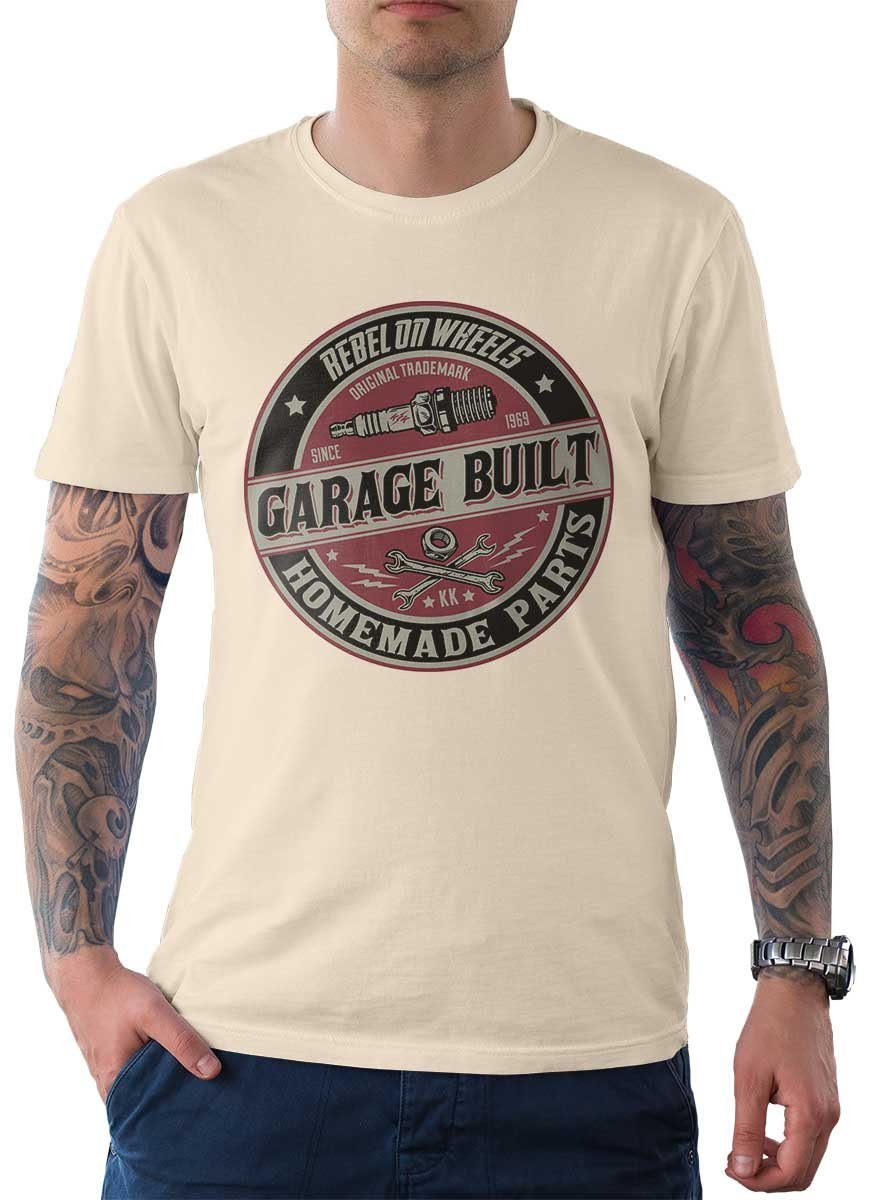 Rebel On Wheels T-Shirt Herren T-Shirt Tee Garage Built mit Auto / US-Car Motiv Cream