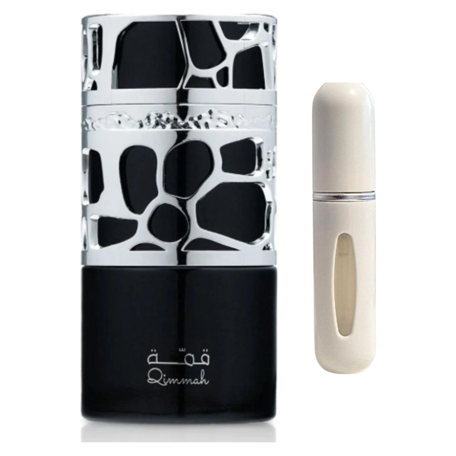 Lattafa Duft-Set Qimmah Man EDP – Orientalisch Holzig + Parfümzerstäuber (leer)