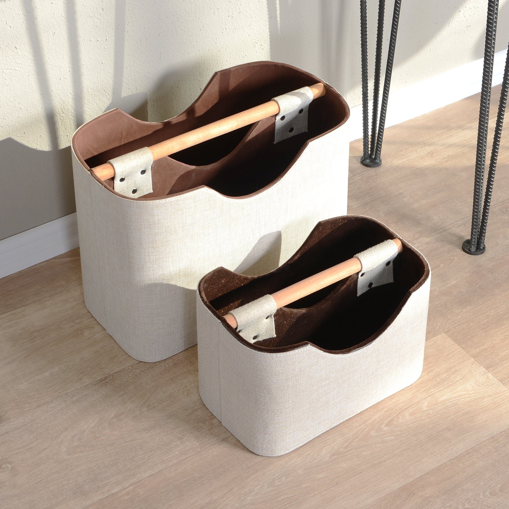 wohnfreuden Aufbewahrungsbox Zeitungsständer aus Stoff und Teakholz 40 cm beige – Bild 5 von 5