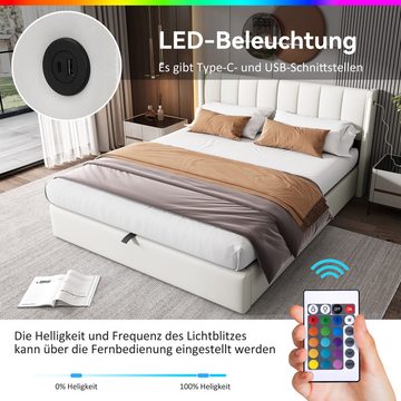 Fangqi Polsterbett LED-hydraulisches Bett mit wiederaufladbarer USB-Anschluss, Stauraum, 140/160/180x200cm, verstellbares Kopfteil, PU, grau/weiß