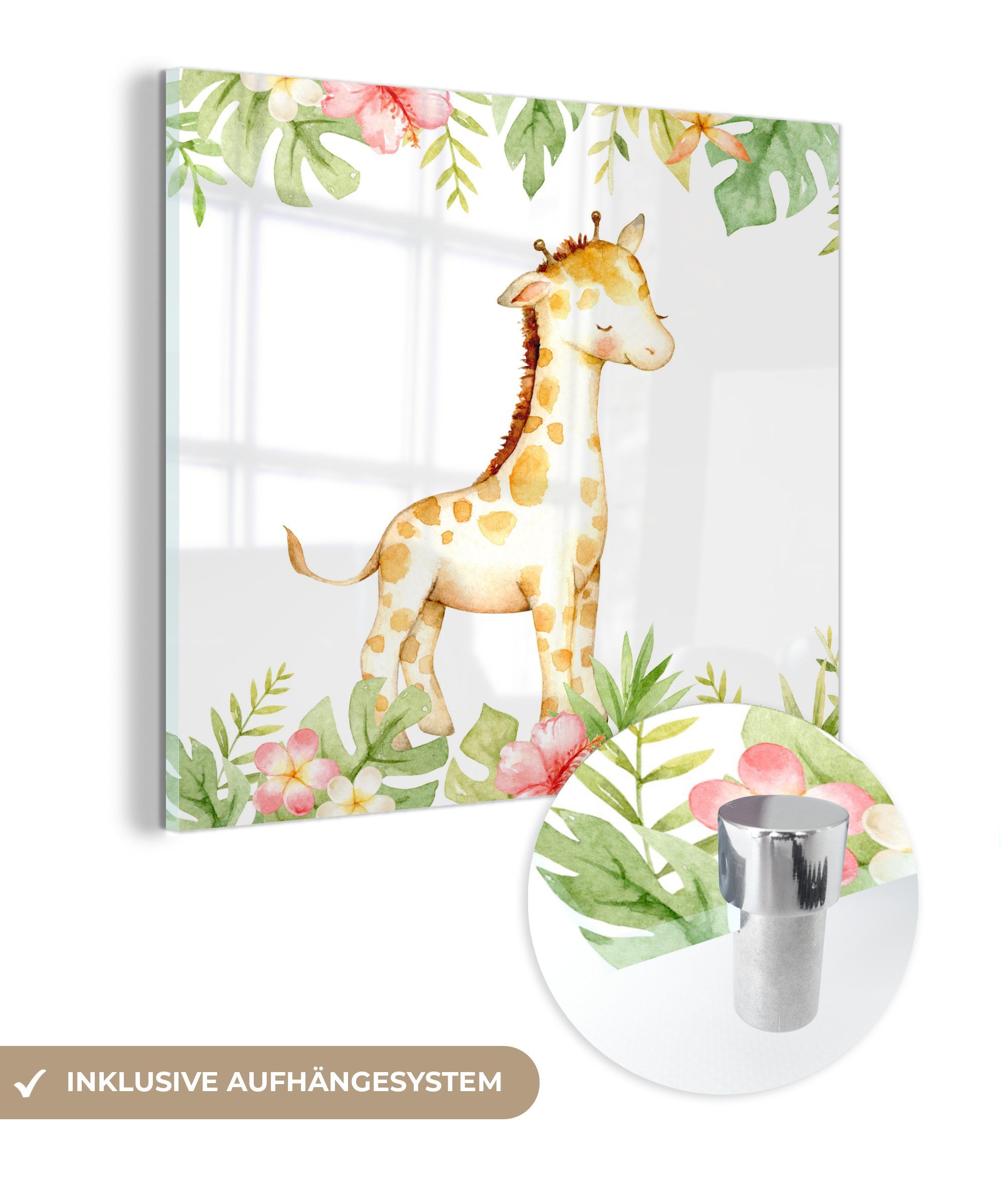 MuchoWow Acrylglasbild Giraffe - Aquarell - Dschungel, (1 St), Glasbilder - Bilder auf Glas Wandbild - Foto auf Glas - Wanddekoration